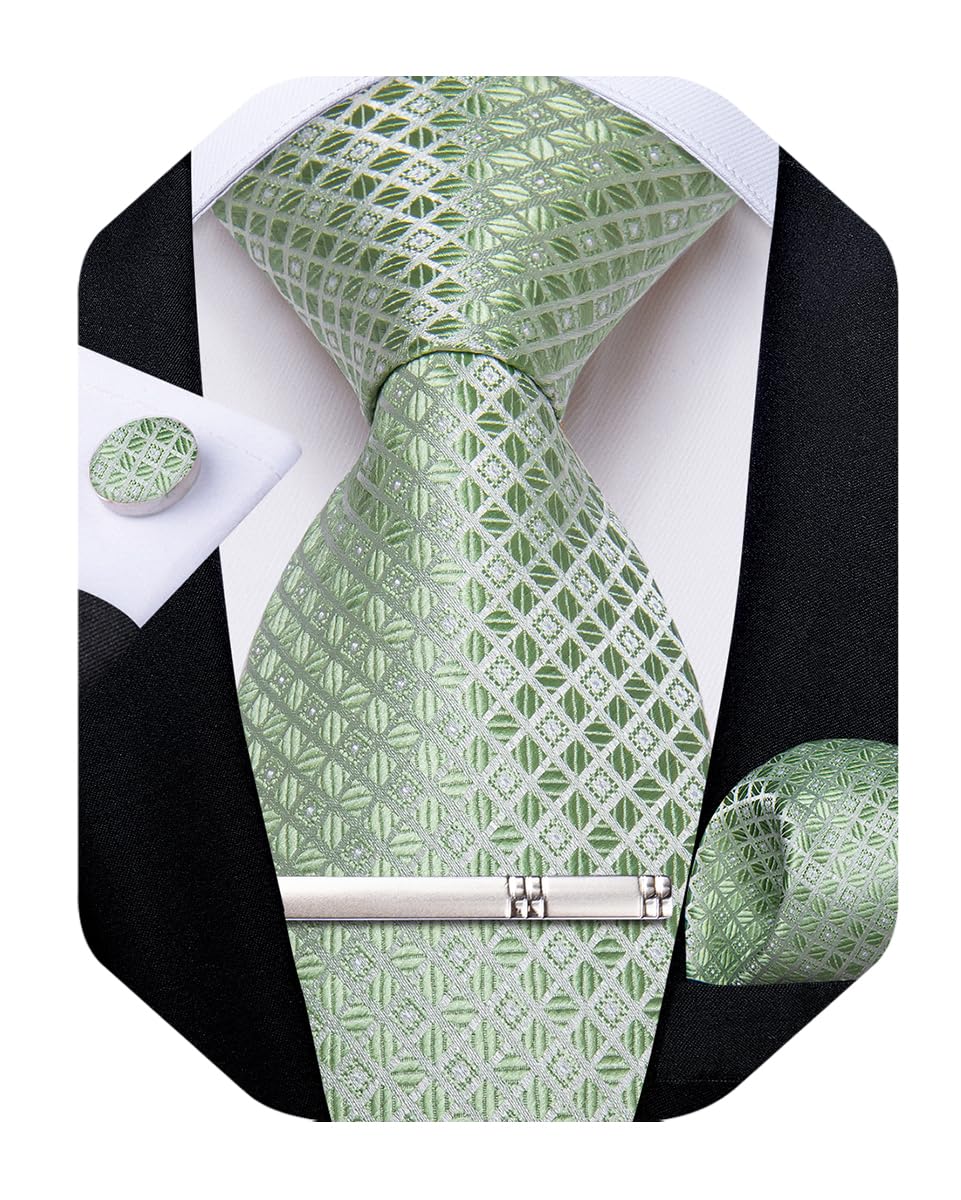 DiBanGu Mens Silk Plaid Tie and Pocket Square Set