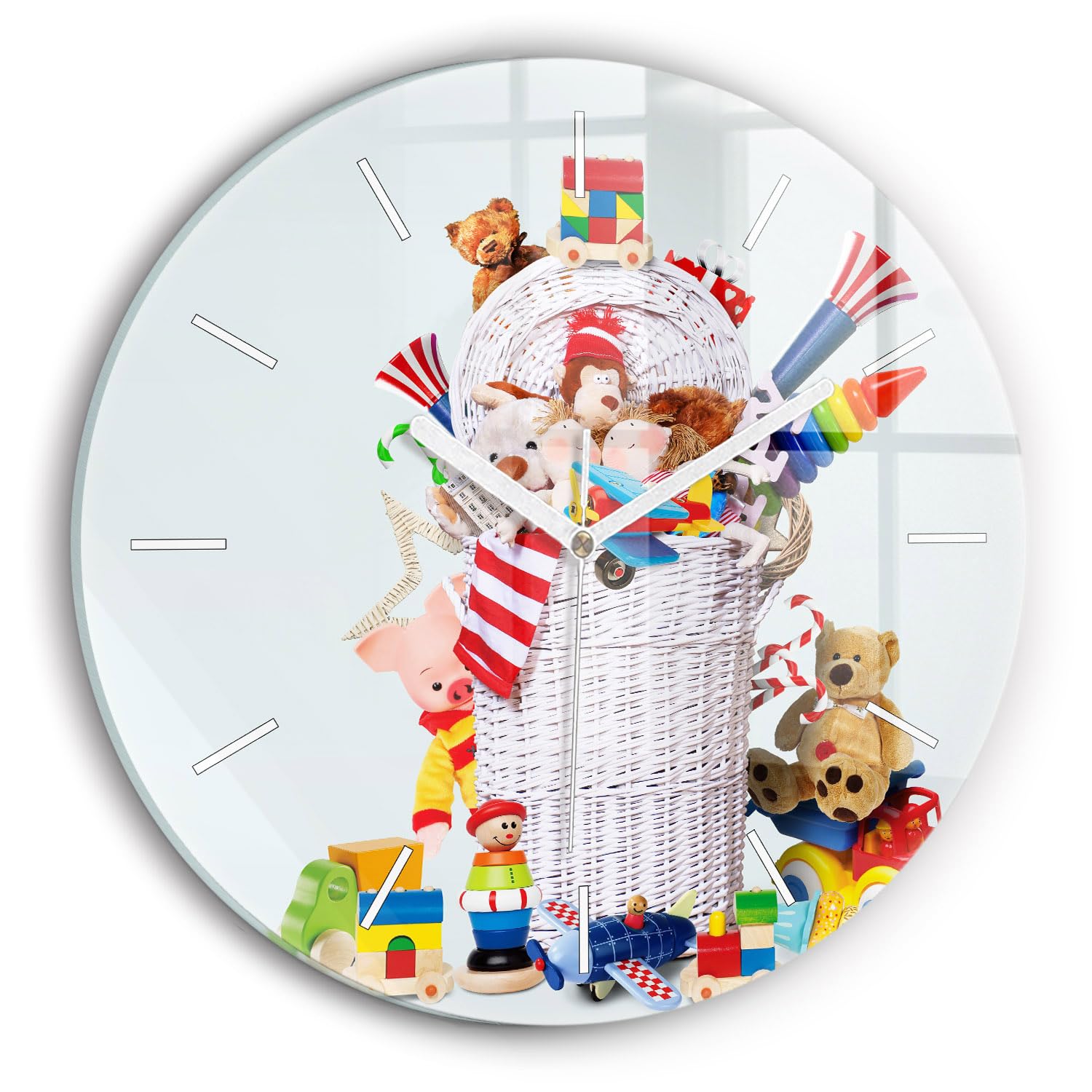 Horloge en verre Wallfluent 30 cm et panier de jouets en osier pour une maison ordonnée
