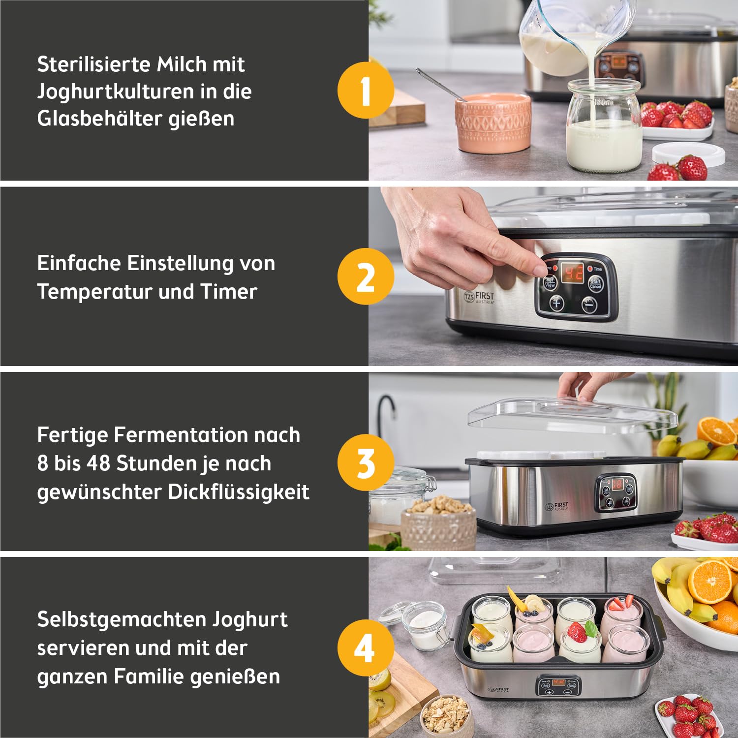 TZS First Austria - Joghurtbereiter 25W inkl. 8 Glasbehälter à 180 ml für bis 1,4L selbstgemachten Joghurt - Yogurt Maker mit Temperatur 20-55°C, Abschaltautomatik & LCD-Display - Joghurtmaschine weiß
