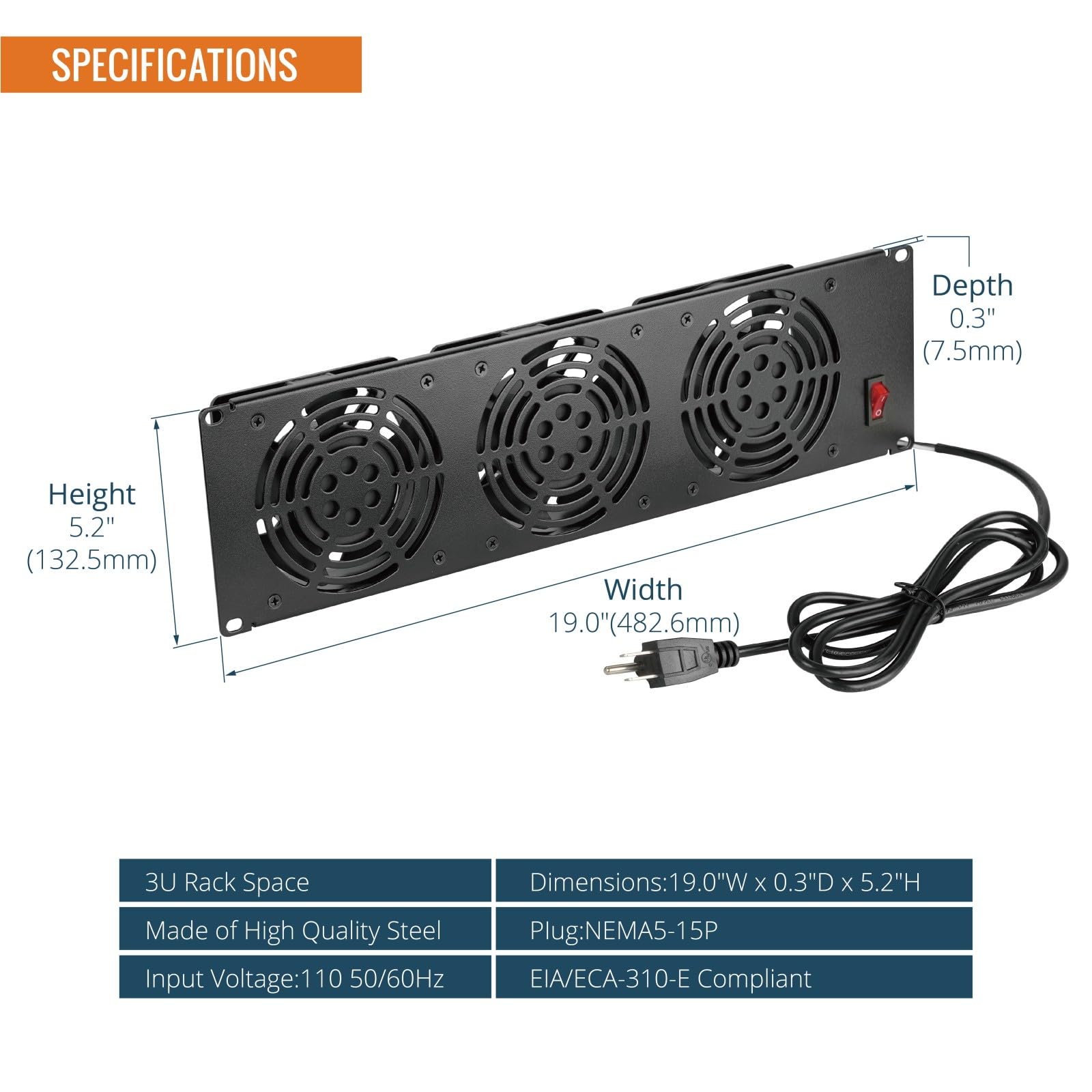 Tecmojo 3U Rack-Montage-Lüfter-Panel, 3 Lüfter, Schrankkühlung, 48,3 cm, 1,8 m, Kabel-Server-Kühlsystem für Audio-Rack und AV-Schrank im Büro, Theater (vertikale Montage)