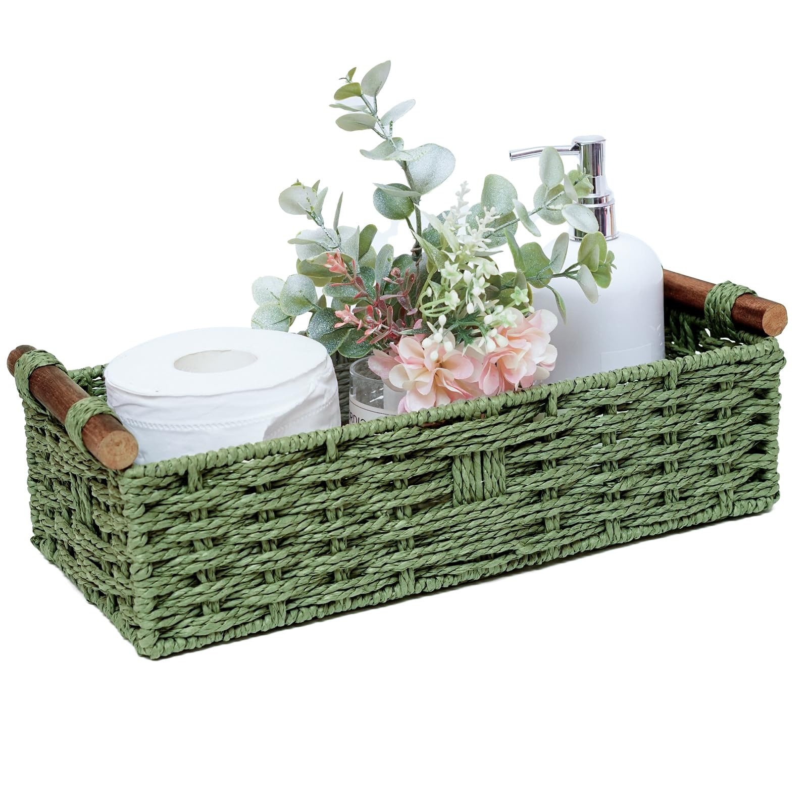 Round Paper Rope Storage Basket Wicker Baskets for Organizing with Handle Decorative Storage Bins for Countertop Toilet Paper Basket for Toilet Tank Top Small B
