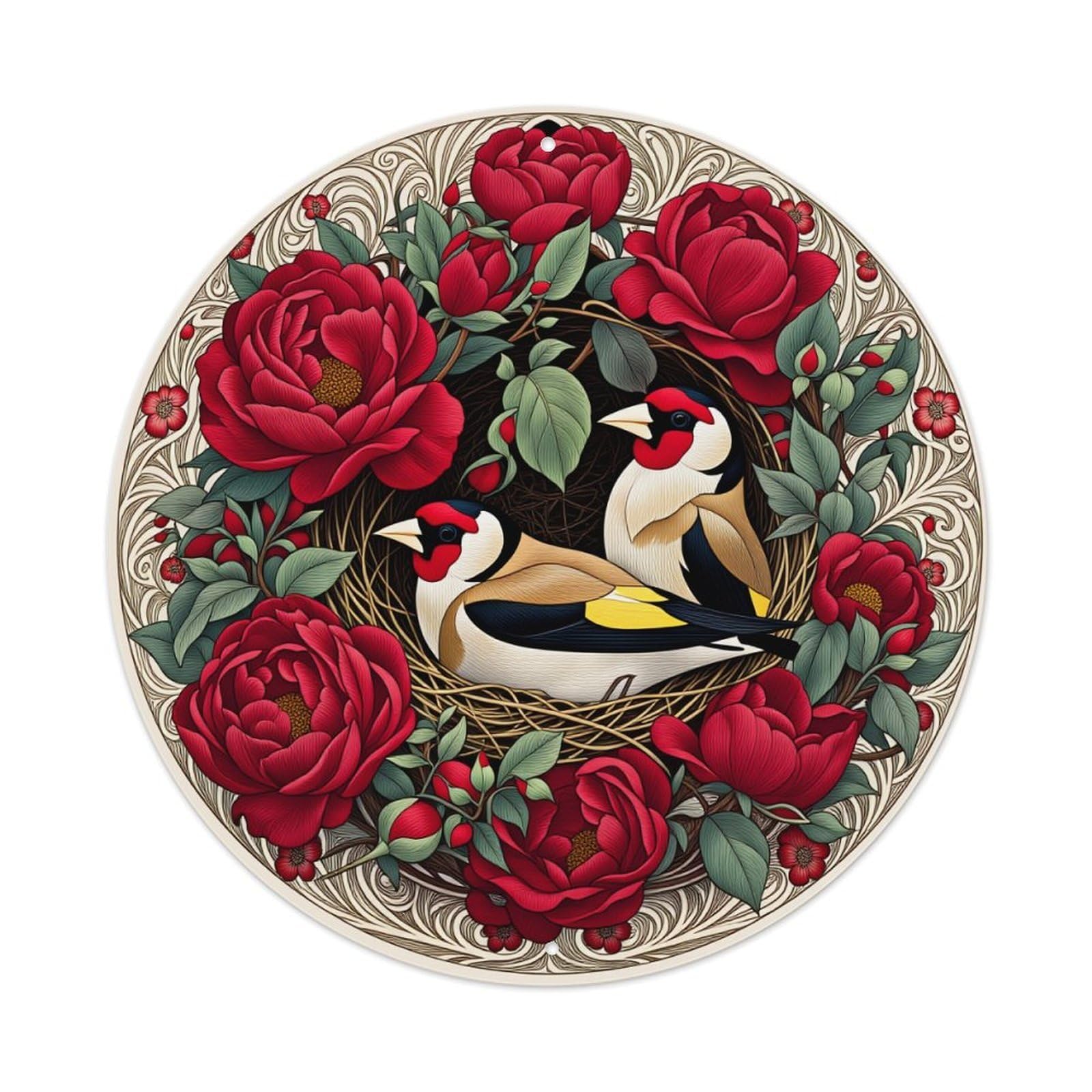 Birds Nest Roses Flowers Leaves Round Tin Sign Vintage Style Metal Sign Home Bar Garden Wall Plaque Decor Metal Poster 8x8 Inch