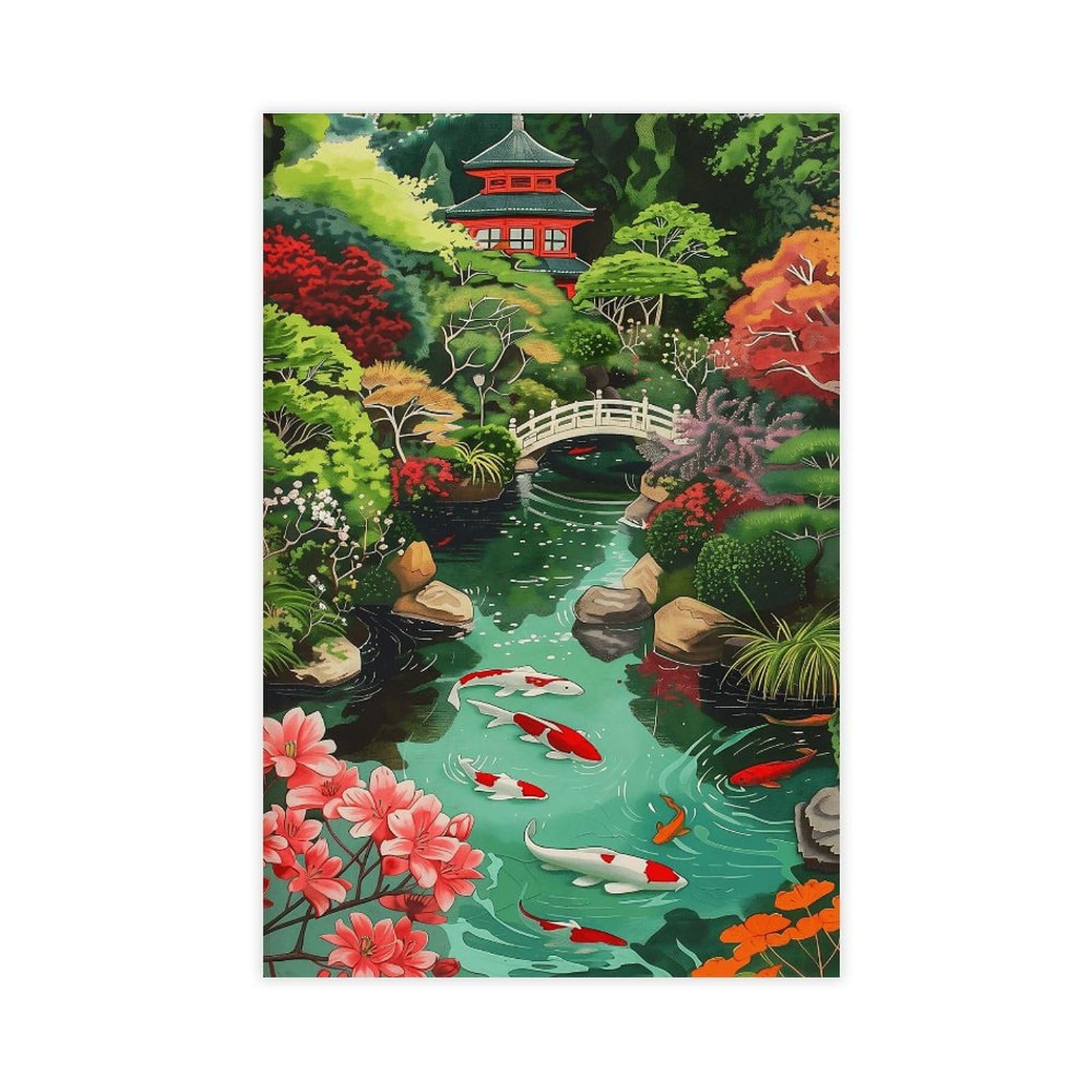 NFFBGFD Koi Fish Pond Illustration Japanese Garden Canvas Poster Bedroom Decor Landscape Decor Gift 16x24inch(40x60cm)