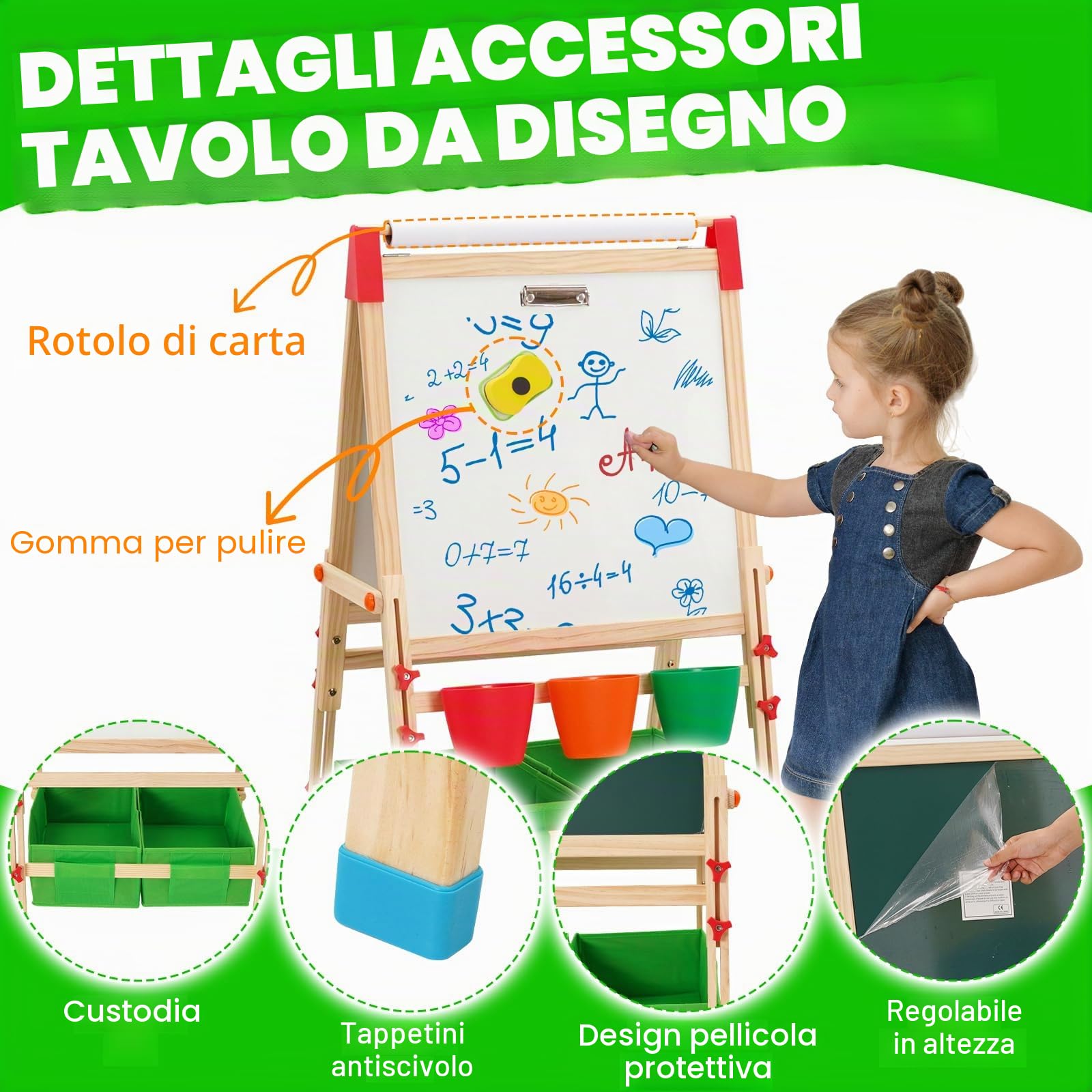 3in1 Cavalletto In Legno Per Bambini,Cavalletto Regolabile In Altezza Per Bambini,Grandi Per kids Con Lavagna E Rotolo Di Carta.Lavagna Cancellabile Con Pennelli,Borsa Portaoggetti,Numeri E Lettere