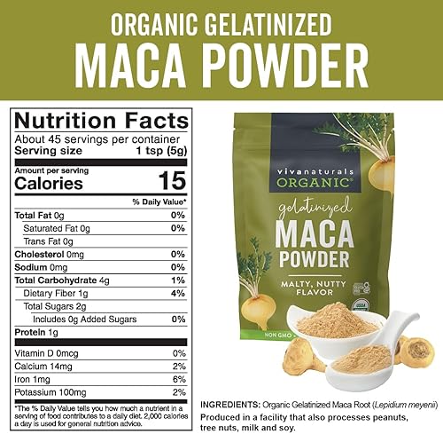 Miniatura 6 de Polvo de maca orgánico gelatinizado de Viva Naturals, 8 oz Vegano, USDA orgánico, sin gluten, sin GMO, superalimento peruano en bolsa resellable