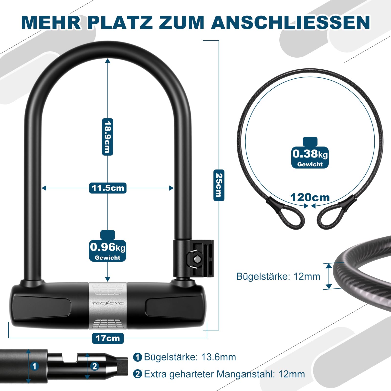 TECHCYC ART Bügelschloss mit Kabel für Fahrrad & E-Bike