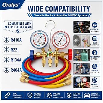 R410A Manifold Gauge Set, 3 Way AC Diagnostic Manifold Gauge Set for R410a R22 R134a R404a Refrigerant,Automotive AC Manifold R410a Adapters,with 3ft Hoses