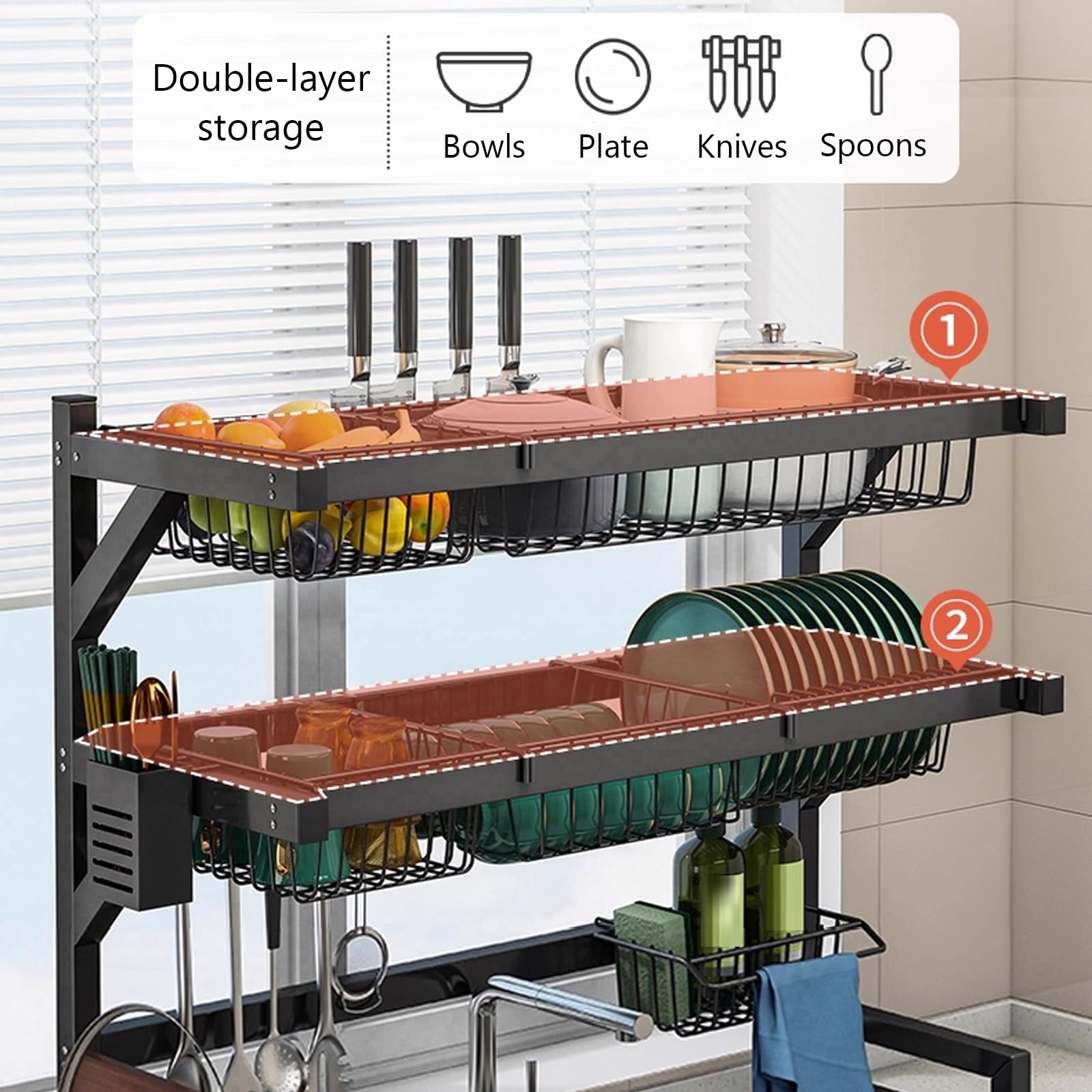 Stojak na naczynia nad zlewem wielofunkcyjny kuchenny idealny do suszenia talerzy, kubków, misek i sztućców, oszczędzający miejsce design 95 x 31,5 x 82 cm i stylowy