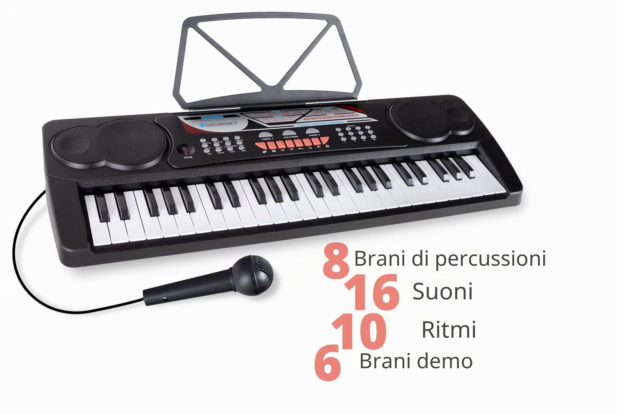 McGrey BK-4910BK Tastiera con 49 Tasti e Leggio, 16 Sounds, 10 Ritmi | Tastiera per principianti con 49 tasti, 8 suoni percussione, 6 Demo Songs, Regolazione del volume a 8 livelli, 5 mm), Peso: 2