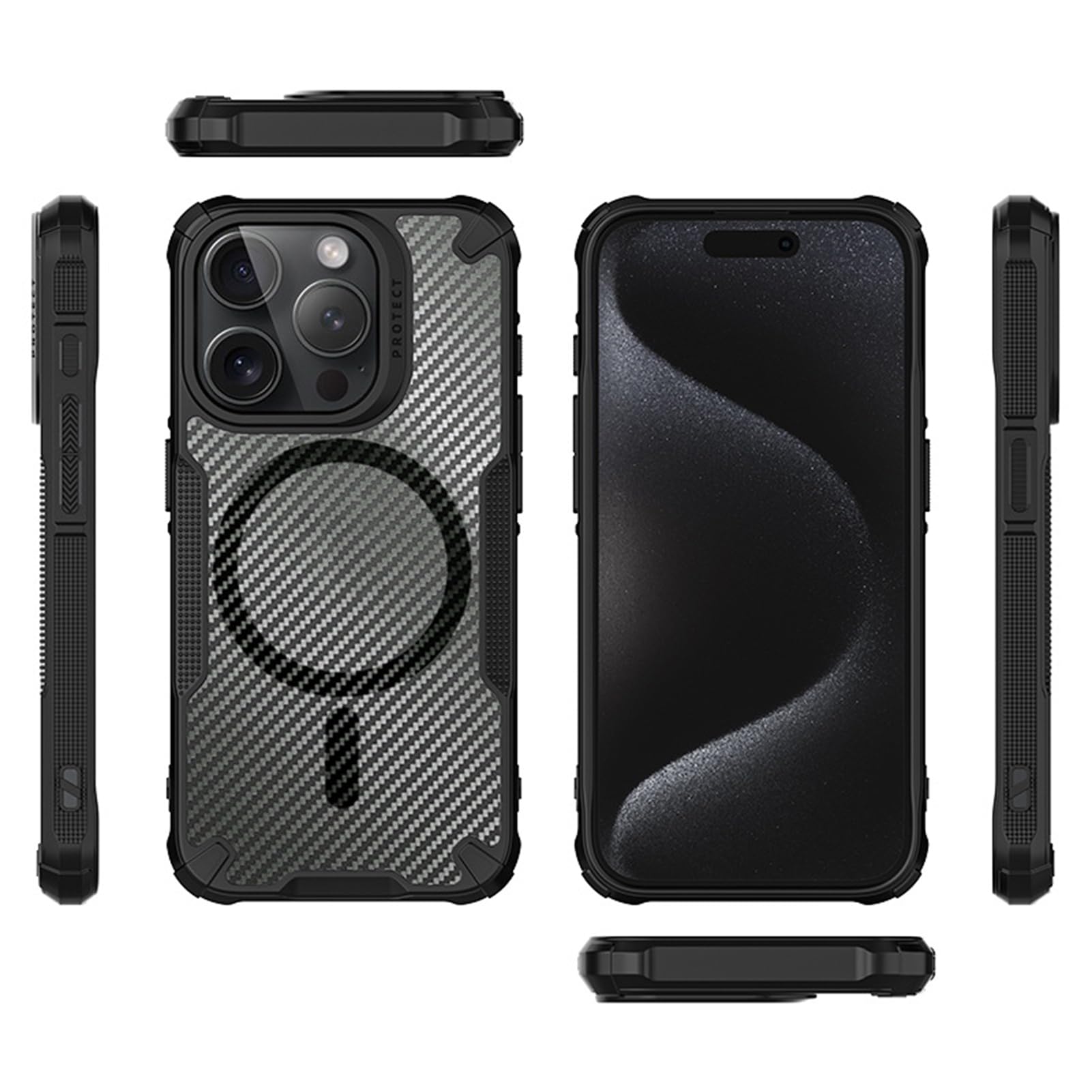 HAZARA Etui na iPhone 15 Pro Max/15 Plus/15 Pro/15, wojskowy pokrowiec ochronny z włókna węglowego tekstura półprzezroczyste tylne logo widoczne etui, 15ProMax
