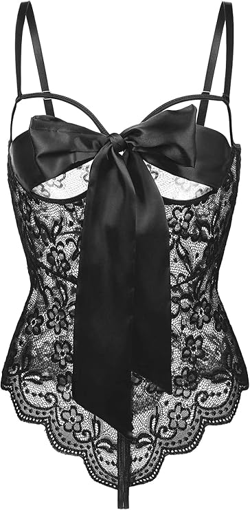 Women Teddy Lingerie Floral Lace Bodysuit Bow Front One Piece Babydoll Mini Bodysuit S-XXL