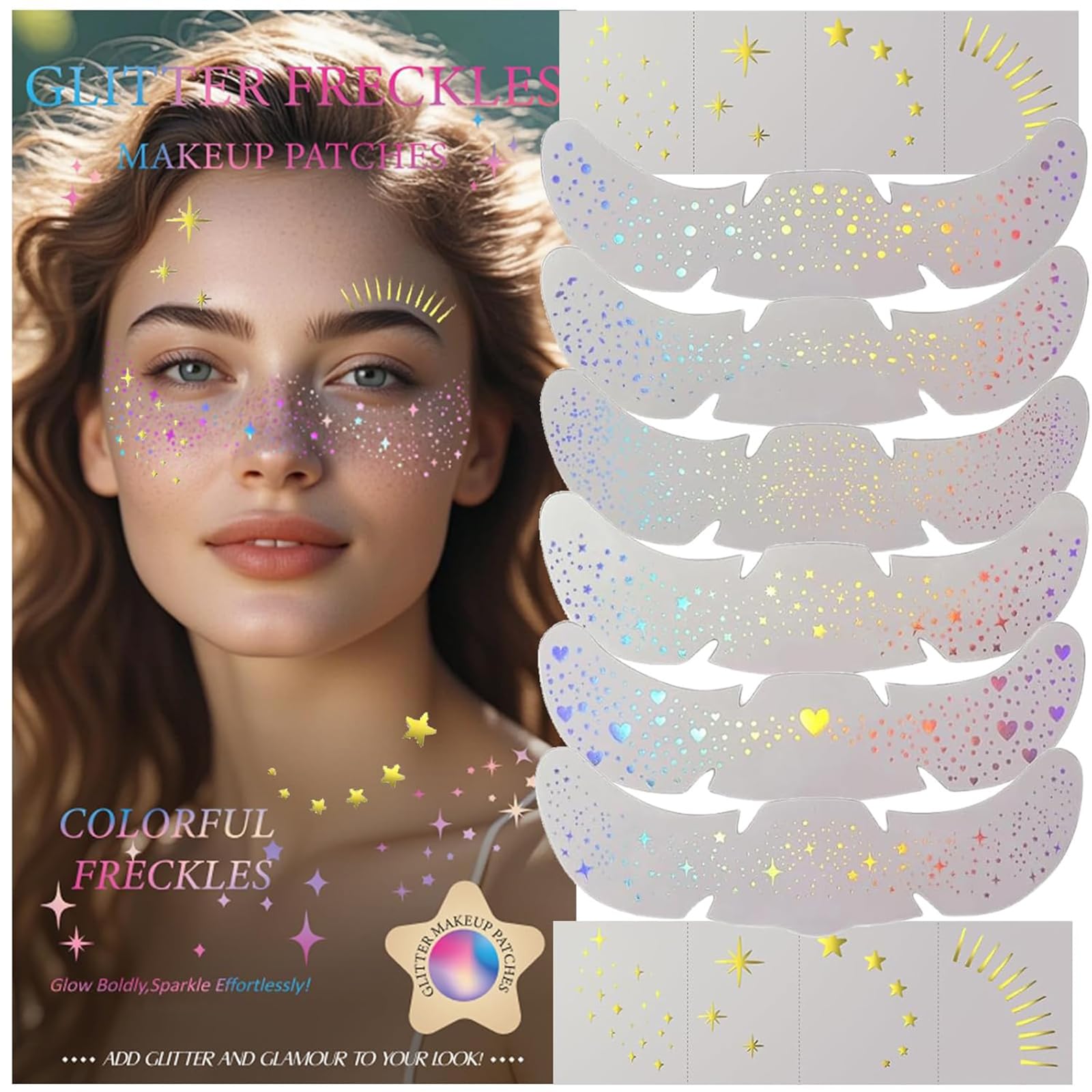 Photo 1 of Freckles Face Tattoo, All-in-One Holographic & Gold Glitter, Waterproof and Sweatproof Sparkle Patches, Festival Cute Star Temporary Tattoo (Holographic&Gold)