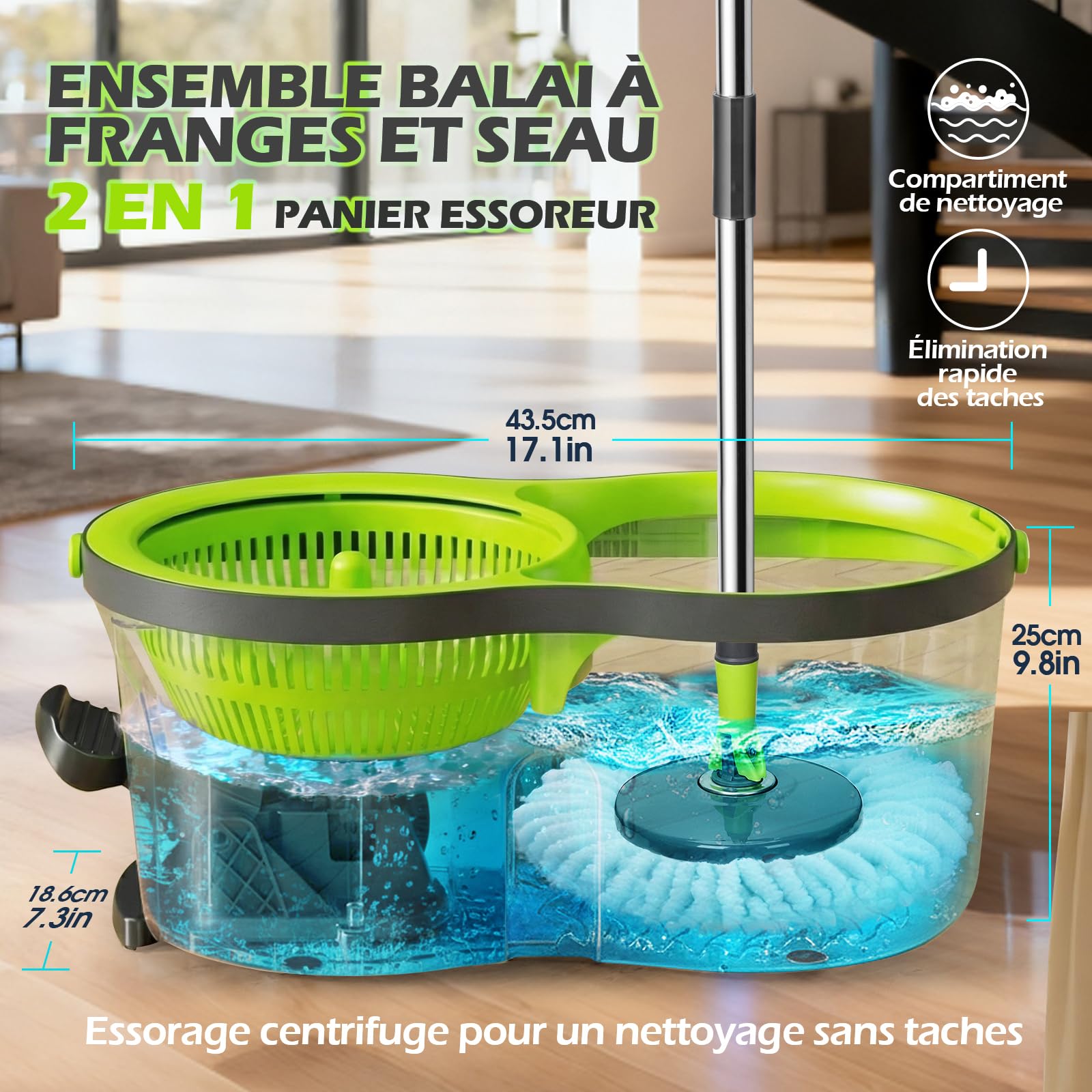 Masthome Serpillière Seau Essoreur,Balai Serpillère Rotative 360° en Microfibre Balais Nettoyer Sol Réglable avec Essoreur Rotatif et 3 Tetes Serpillere,Vert