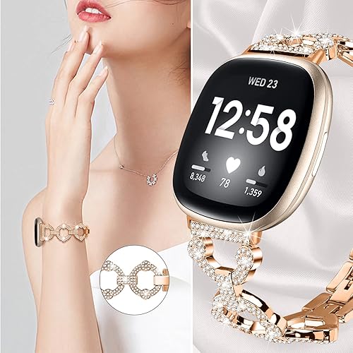 Miniatura 6 de HAYONLIY Correa brillante compatible con Fitbit Sense 2 y Fitbit Versa 4 pulsera de metal con joyería de diamante correa elegante en forma de O