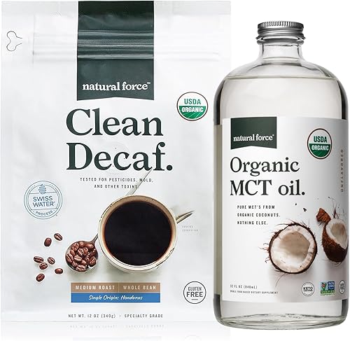 Natural Force Paquete de café descafeinado orgánico limpio + aceite MCT orgánico MCT de coco 100% puro y café libre de moho y micotoxinas Sin OMG,