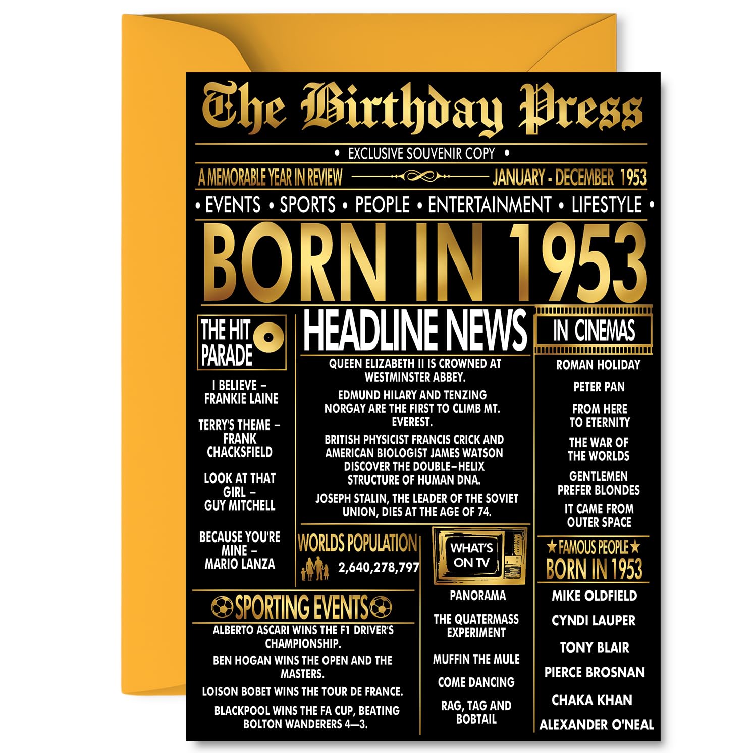 Gold 73rd Birthday Card for Men Women - Black & Golden Newspaper Born in 1953 - Happy 73 Birthday Cards for Nanny Husband Wife Grandad Dad Brother, A5 Bday Greeting Cards