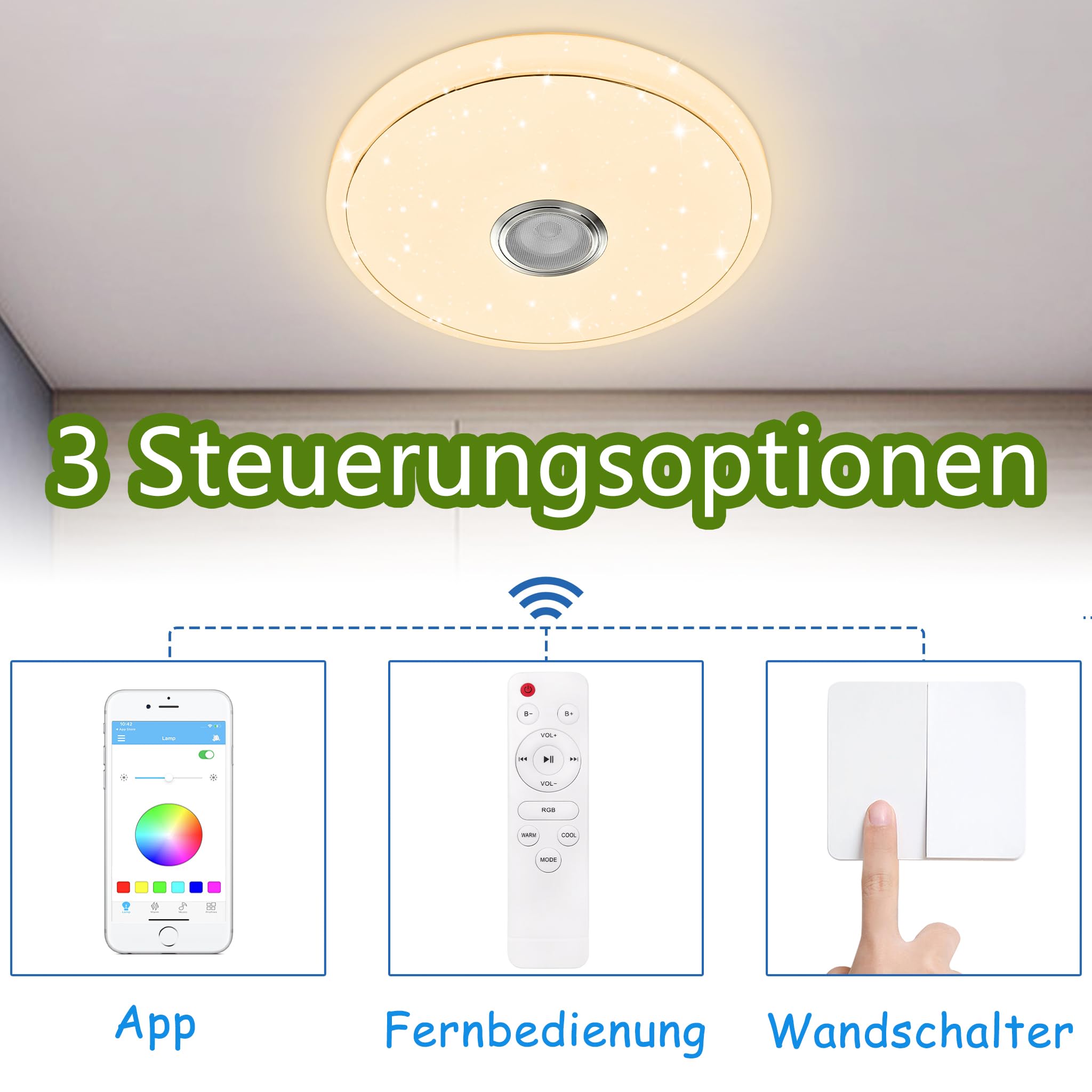 YRHome Lampada da soffitto a LED da 48 W, dimmerabile, con altoparlante Bluetooth, lampada da soffitto a cielo stellato, cambia colore RGB con telecomando o controllo app, riproduzione musicale per