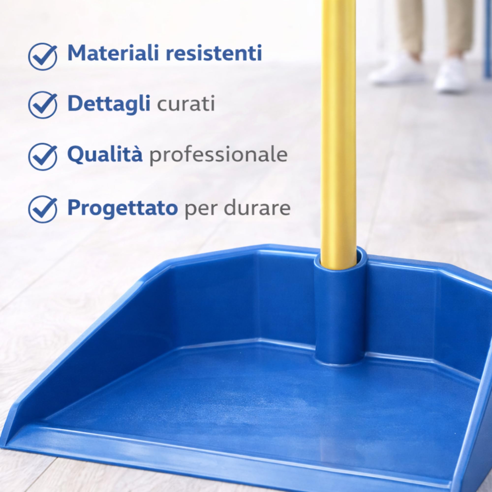 Paletta con Manico Lungo COLORE CELESTE, Plastica Monoblocco Resistente, con Pettine per Peli, Paletta Alzaimmondizia sta in Piedi da Sola, per Casa, Ufficio e Garage e Non Solo