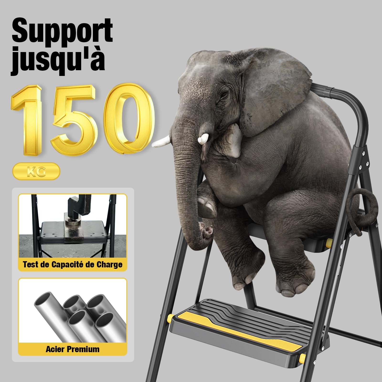 URACKIFY Escabeau 2 marches Pliable 150kg Charge maximale,Echelle Verrouillage, pédales Larges accoudoirs escabeau escamotable légères pour la Maison, Cuisine, Placard et Bureau,Noir