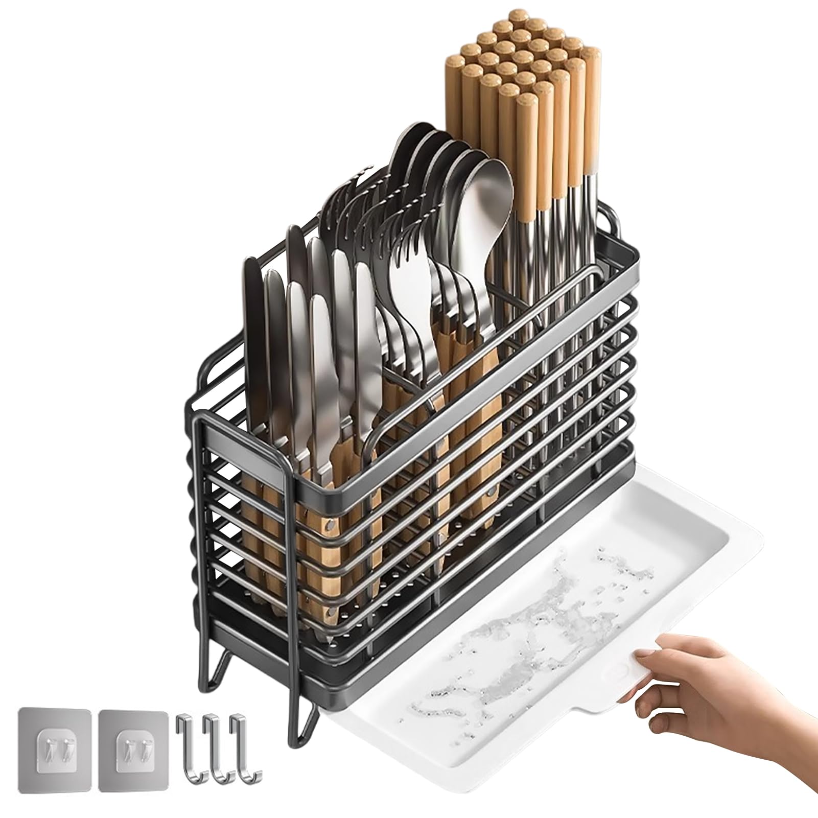 Porta posate, contenitore per utensili da cucina, porta posate a parete, adesivo senza tracce in acciaio al carbonio, contenitore per posate e utensili da cucina (nero)