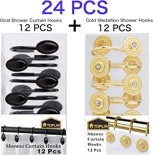 Miniatura 2 de Paquete de 24 ganchos dorados y negros para cortina de ducha, anillos decorativos para cortina de ducha de baño, barras y forro, ganchos de ducha de