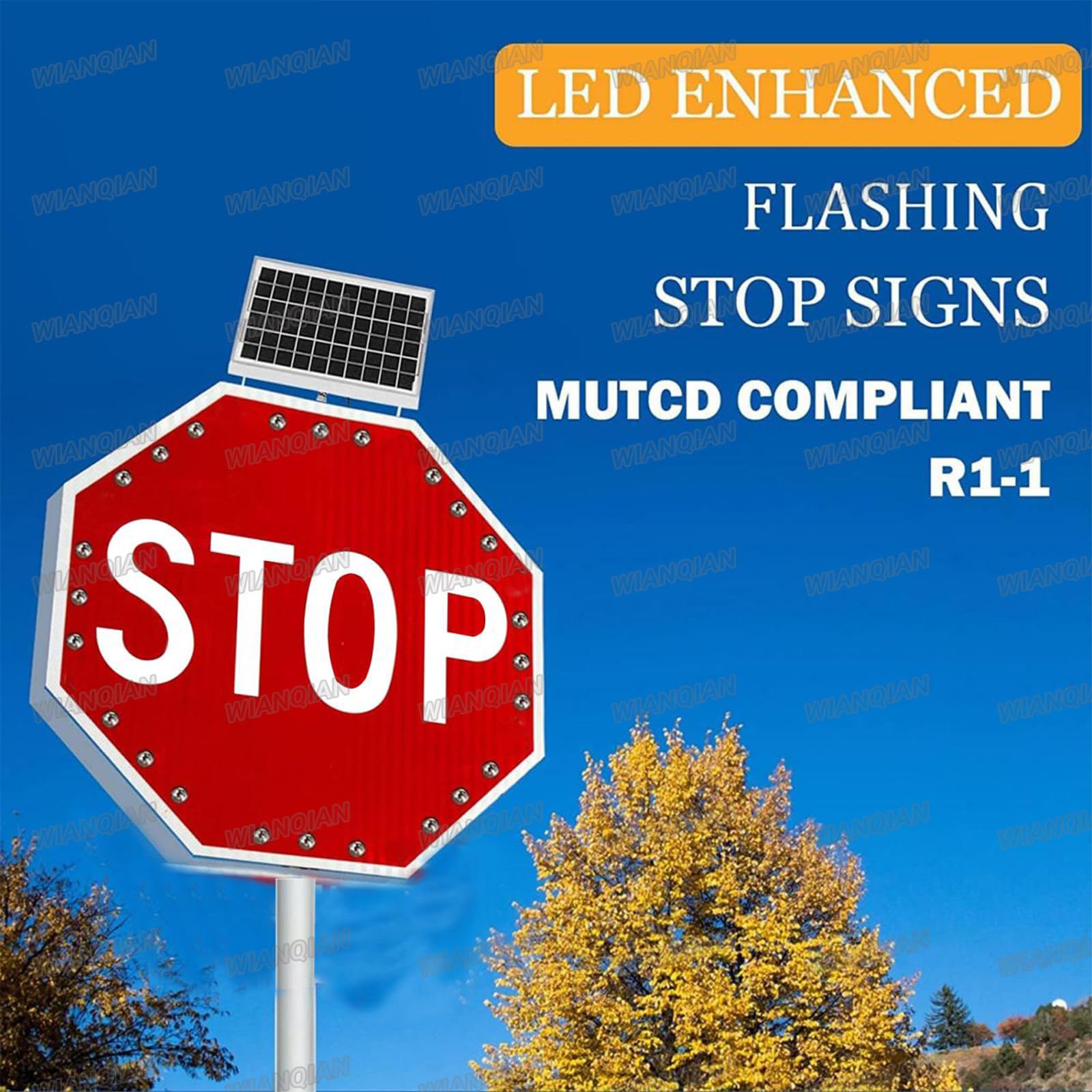 Cartel Stop LED Intermitente con Sensor Crepuscular | El sensor de luz puede activar el parpadeo del anochecer al amanecer; otra opción permite aviso continuo 24/7
