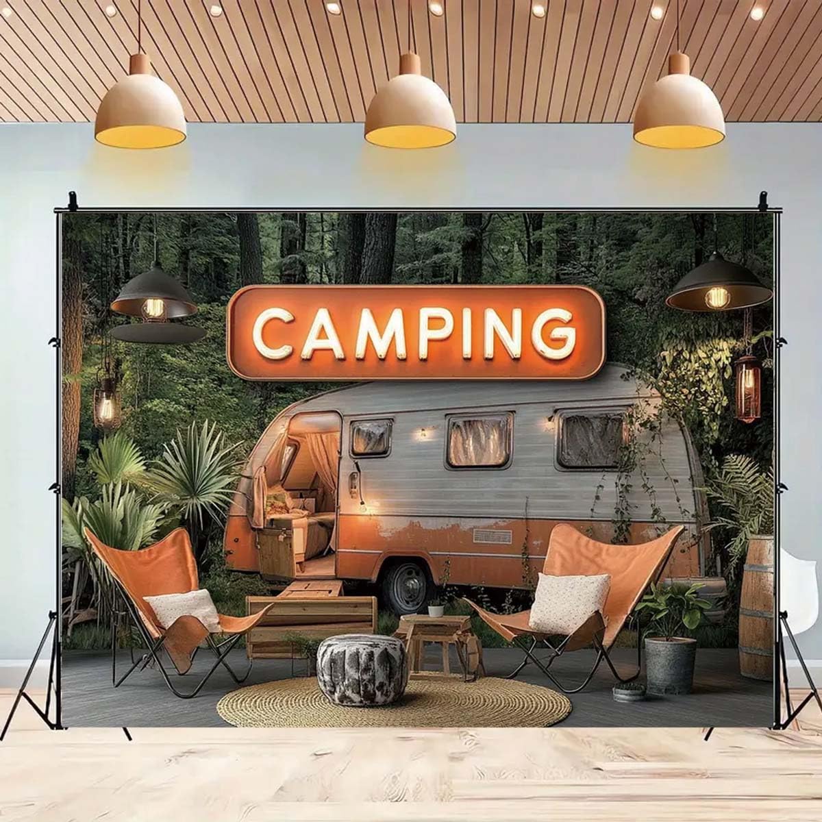 Fondo de fotografía de caravana vintage de bosque de campamento, telón de fondo de campamento feliz con temática de camping y naturaleza, reutilizable, telón de fondo de aventura al aire libre