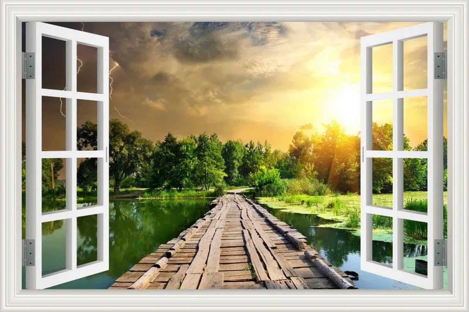 Adesivi murali 3D tramonto ponte in legno alberi 200 x 150 finto adesivo per finestra per bagno decalcomanie da parete arte per camera da letto soggiorno bambini decorazione cameretta