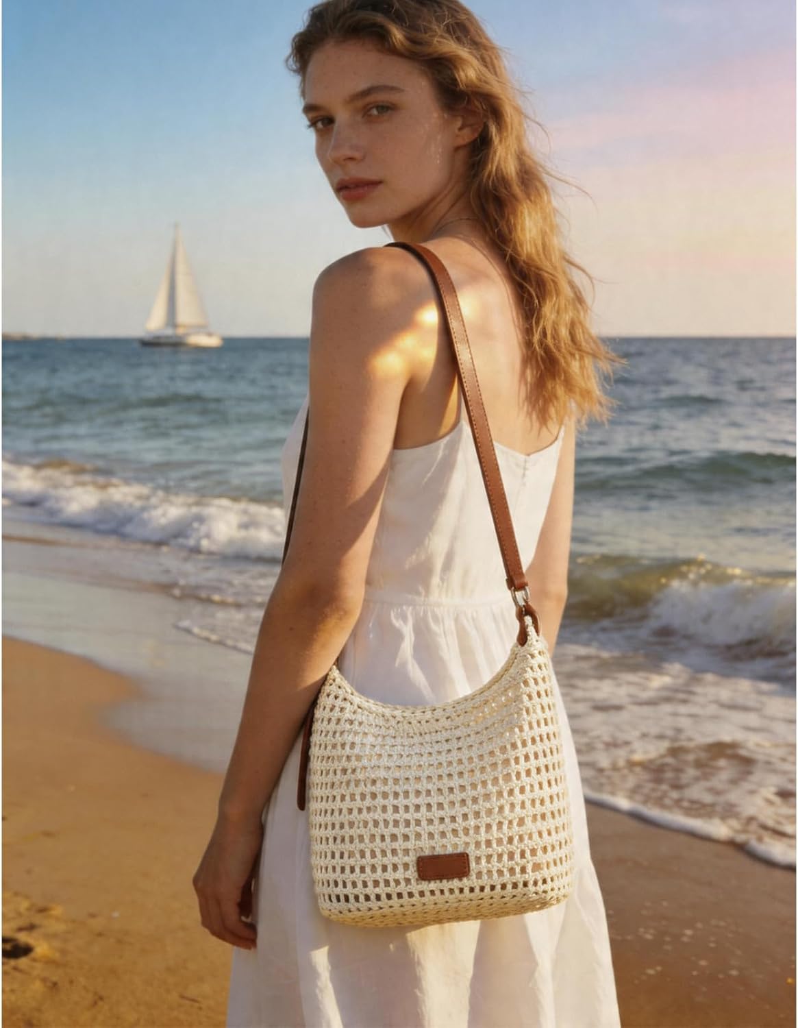 RNIEGA Crochet Beach Bag Cotton Hobo Bags for Women Woven Crossbody Shoulder Purse for Summer with Adjustable Strap