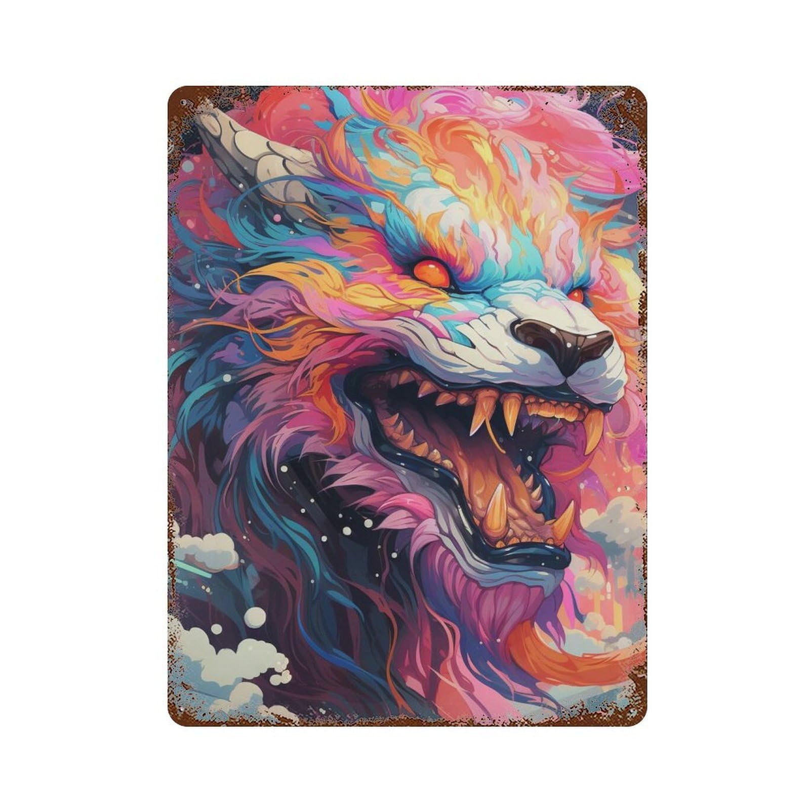 Rust Effect Colorful Fantasy Lion Art Print Rustic Tin Plaque 15.7"x11.8", Old School Wall Decor for Shed, Workshop And Garage Wall Decor