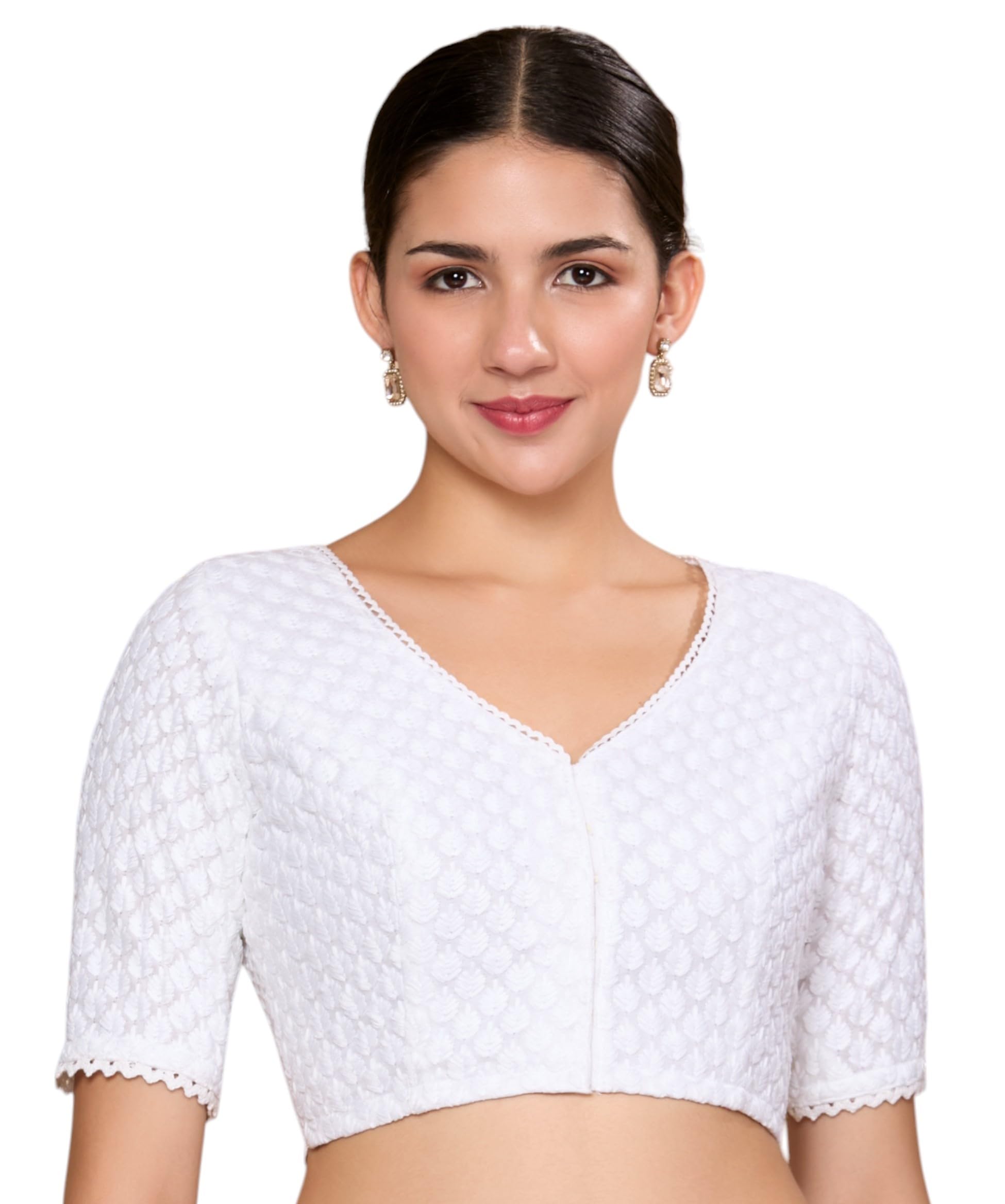 Women's White Lucknowi Chikankari Readymade Saree Blouse-image-2