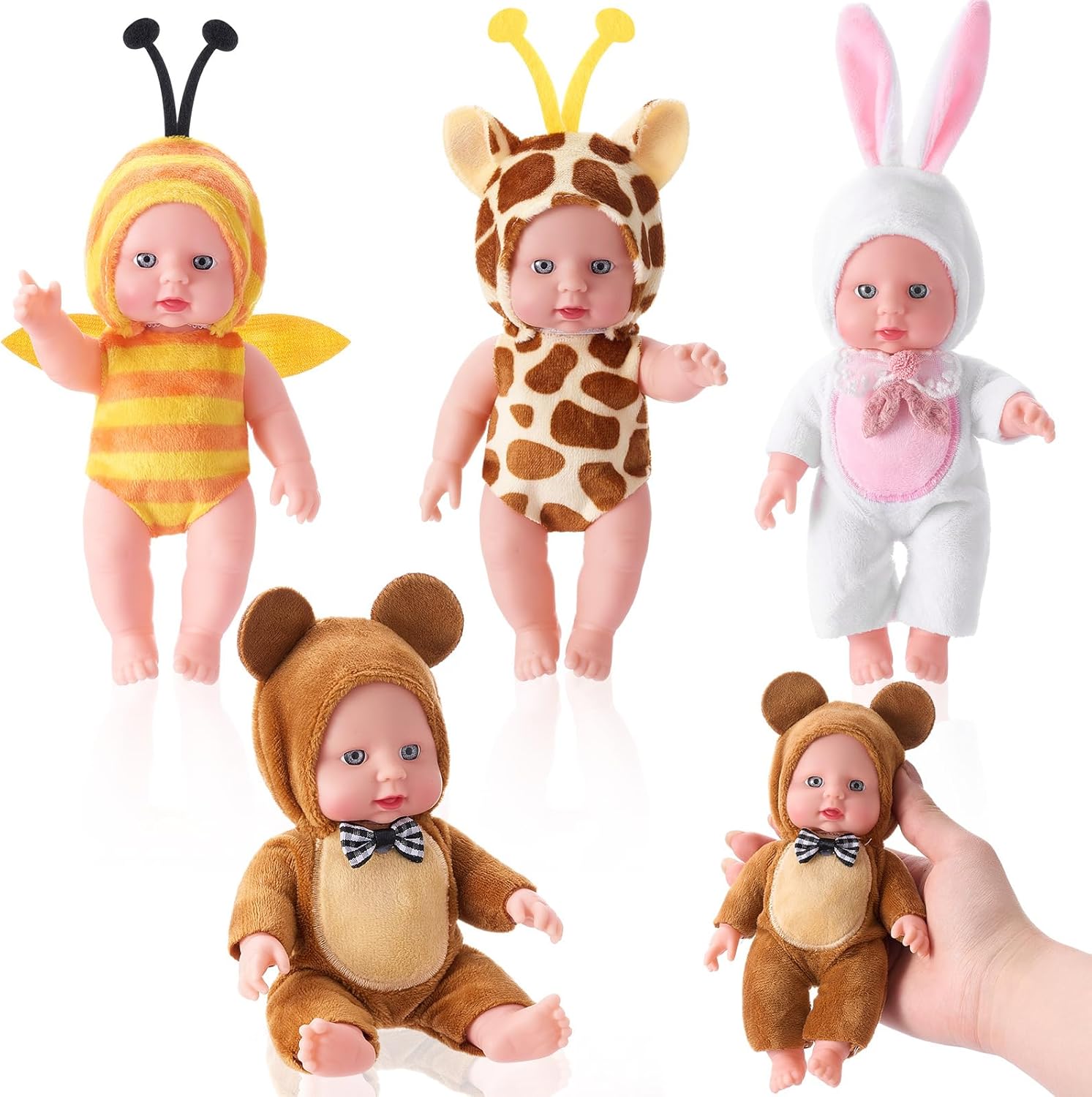 Halloscume 7 Inch Mini Baby Mini Reborn Doll Vinyl Full Body Lifelike Dolls Baby with Weighted Cloth Reborn Gift Set for Kids, Gifts for Christmas Kids (4 Pcs,Animal 1)