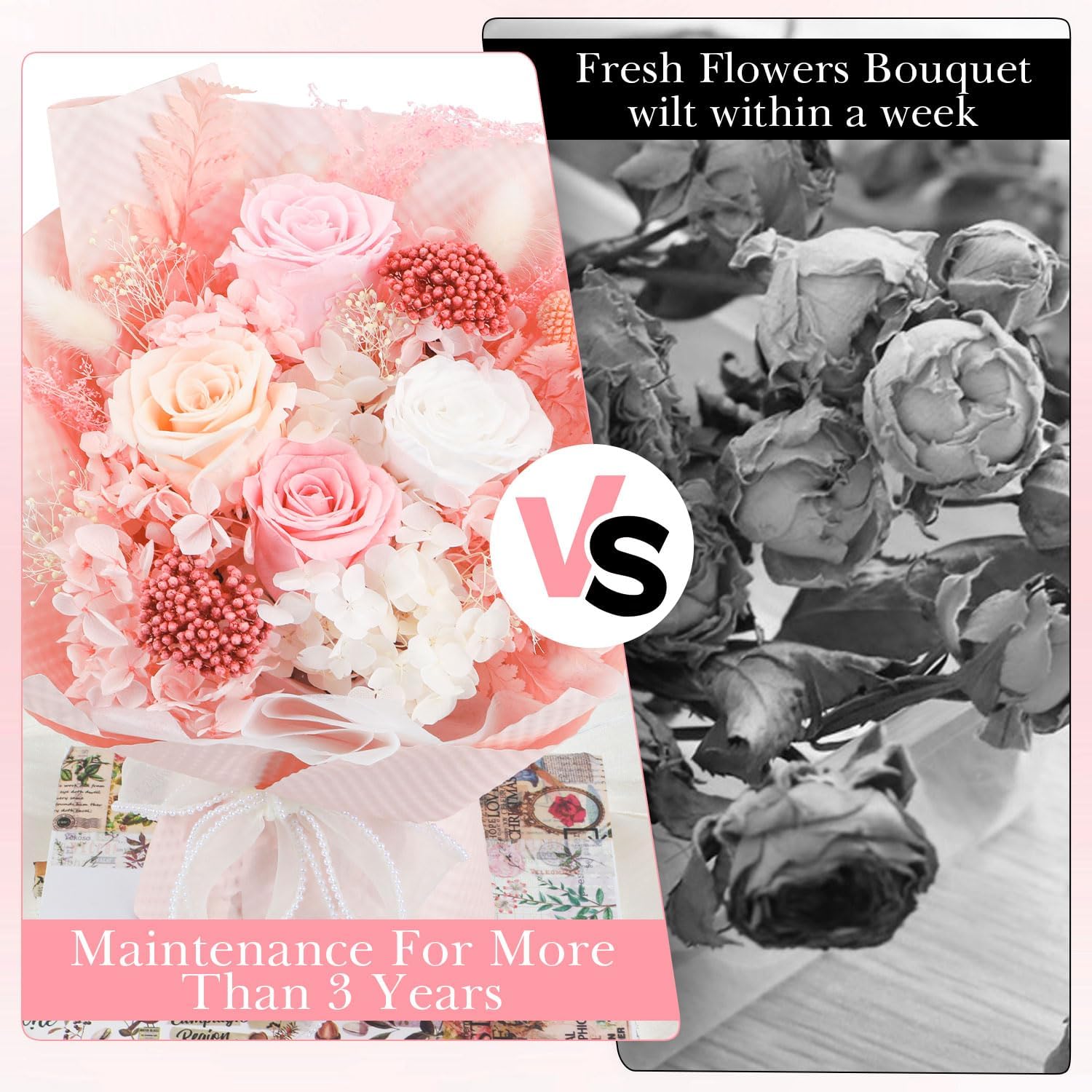 Flowers Gifts for Women, Forever Flower for Delivery, Pink Preserved Flowers Bouquet 4 Roses, Real Looking Flowers Anniversary Birthday Gifts for Mom Wife Thanksgiving Christmas Flower Bouquet - Image 5