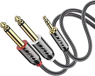 J&D 3.5mm to 6.35mm Audio Cable, Gold-Plated Mini Jack TRS Stereo to Dual 6.35mm TS Mono Y-Splitter Audio Cable Breakout Cord Lead with Nylon Braid for Laptop, Home Theater Devices, Amplifiers, 46 cm