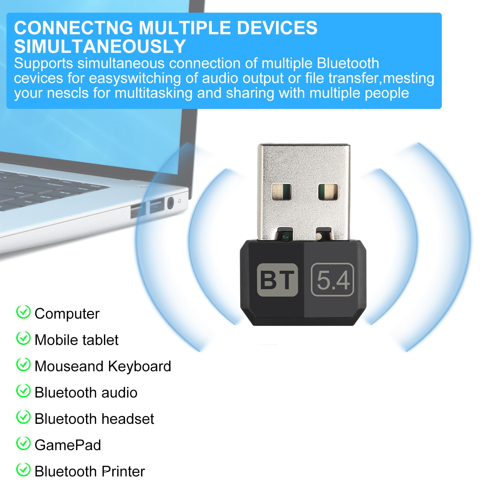 TNSLAND Adapter Bluetooth 5.4, USB Stick Dongle do PC, Plug and Play, Kompatybilny z Win7 8 8.1 10 11