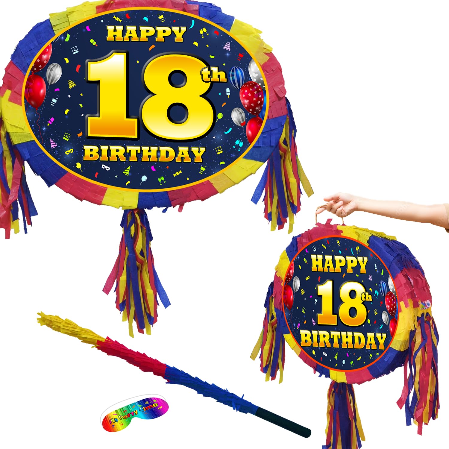 18th birthday pinata with stick - Eighteen party game - Big 18 inch, Red, Blue, Yellow - Image 3