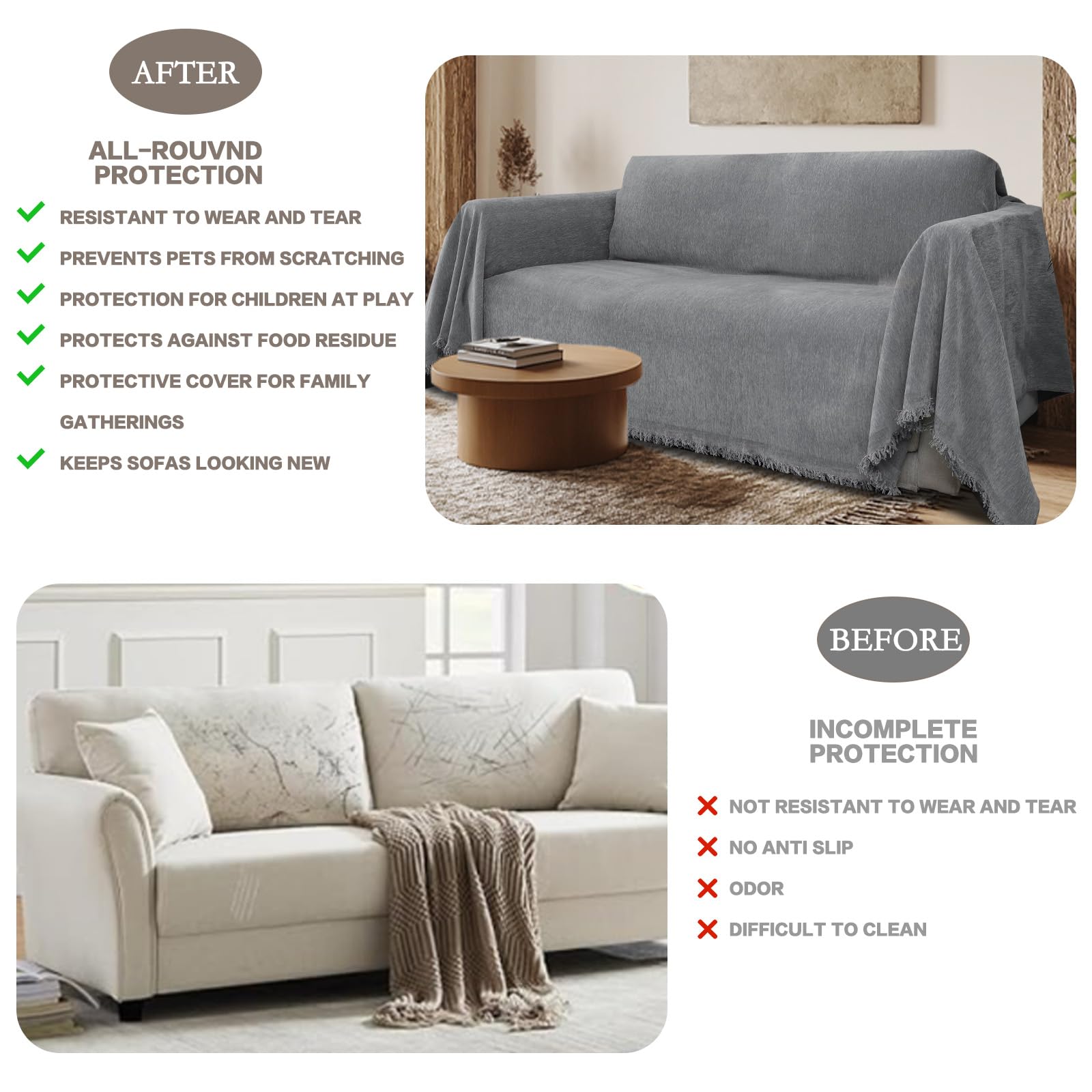 BellaHills Ciniglia Copridivano Impermeabile, Antigraffio Gatto Divano, Copridivano Mobili Protector, Copridivani Resistente Alle Macchie E Ai Graffi per Cani e Gatti, (Grigio, 180 x 230cm)
