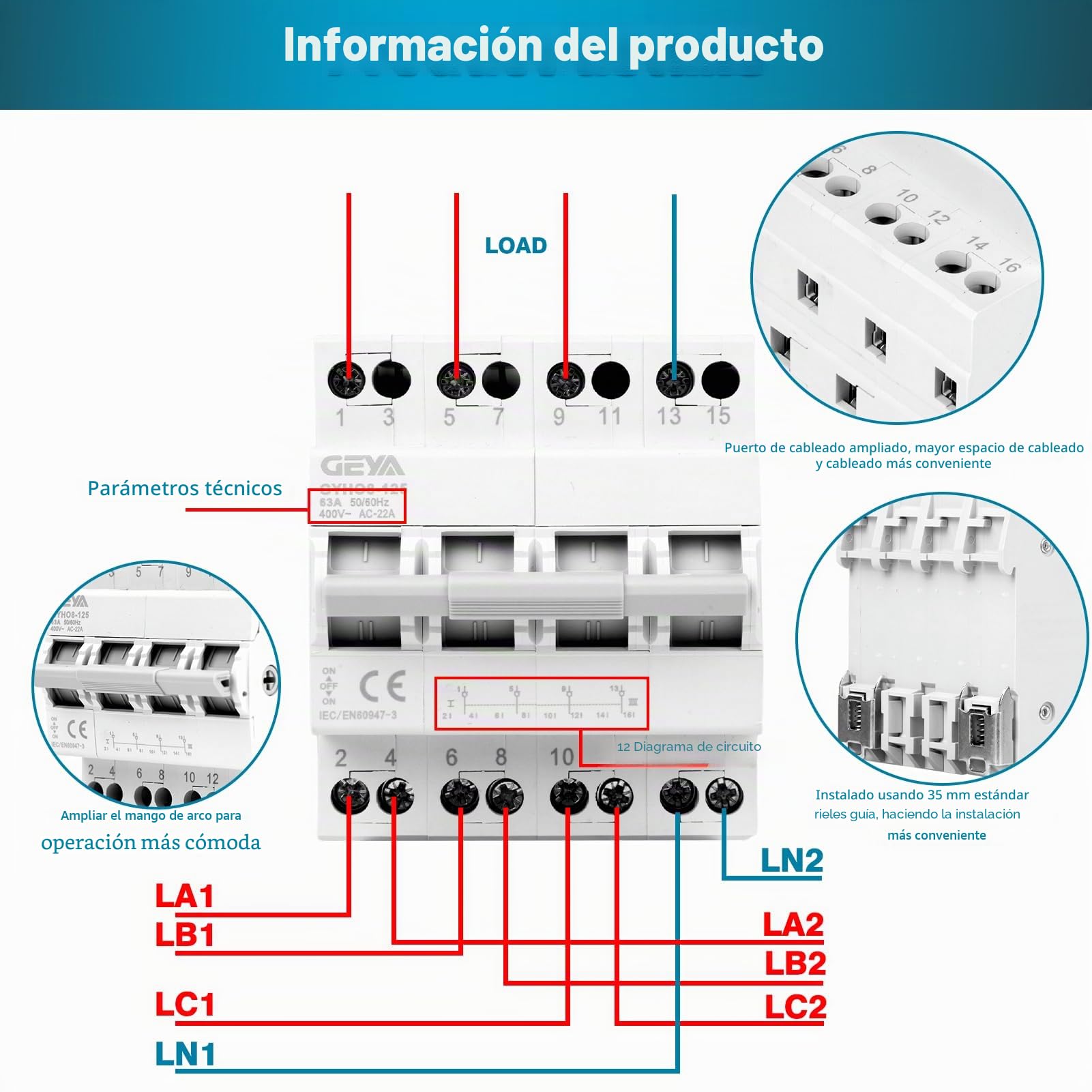 Interruptor de transferencia 4P 63A Conmutador Dual Power manual 400VAC interruptor de Aislamiento transferencia manual Montaje en carril DIN