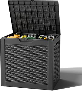 Outdoor Storage Box, Resin Deck Boxes Indoor and outdoor, Waterproof Storage Box Lockable Lid (Black, 31 Gallon)