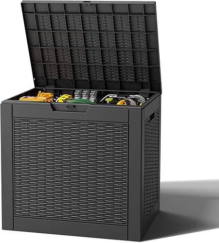 Outdoor Storage Box, Resin Deck Boxes Indoor and outdoor, Waterproof Storage Box Lockable Lid (Black, 31 Gallon)