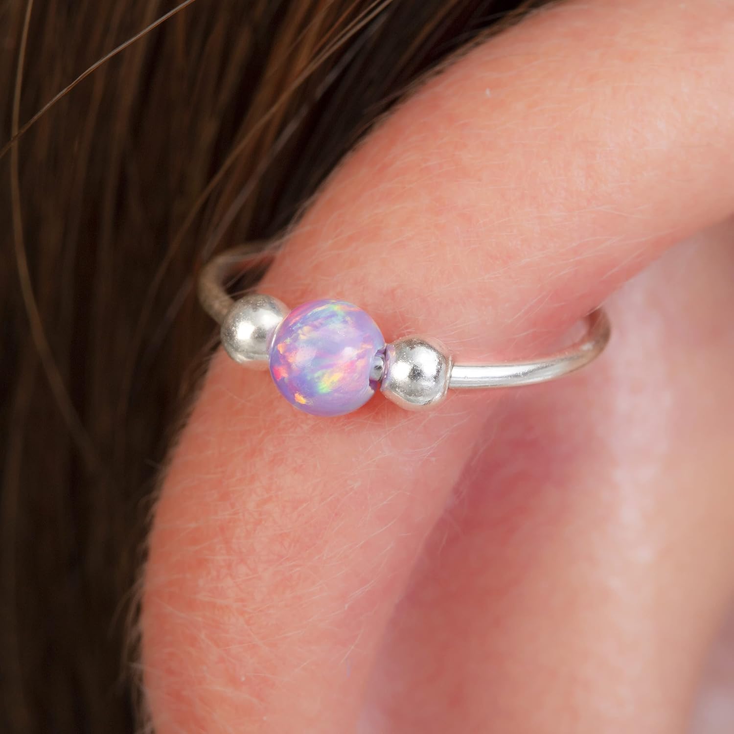 Lugasis FINE JEWELRY Tiny Silver Helix Hoop - Handmade 8mm Hoop with a Cute 3mm Pink Opal - Thin 20 Guage Sterling Silver Cartilage Earring Piercing - Image 2