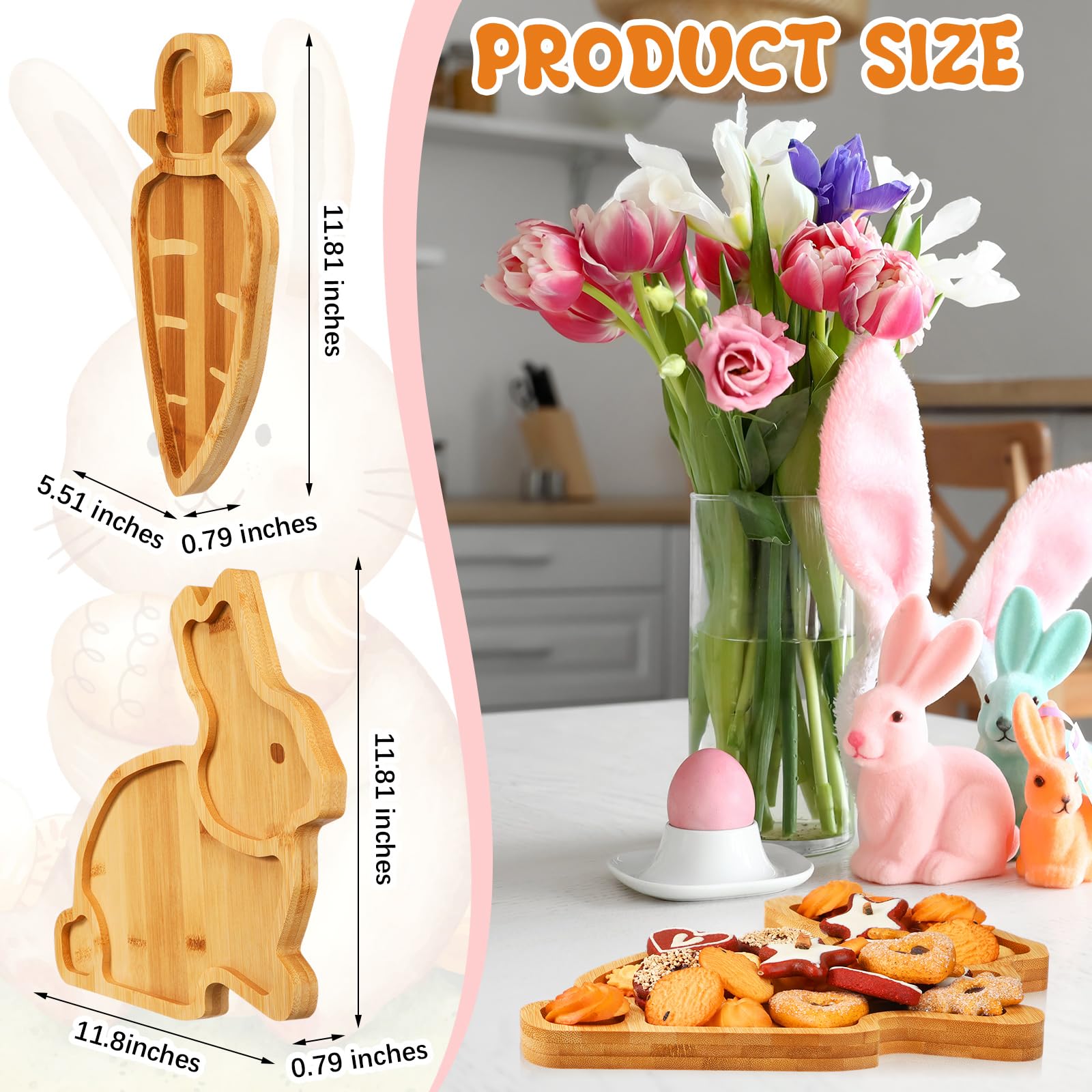 Sintuff 2 Pcs Easter Bunny Charcuterie Boards Bamboo Easter Serving Trays Platters Natural Rabbit Carrot Shaped Cutting Boards Cute Candy Dishes for Housewarming Party Supplies(Bunny)