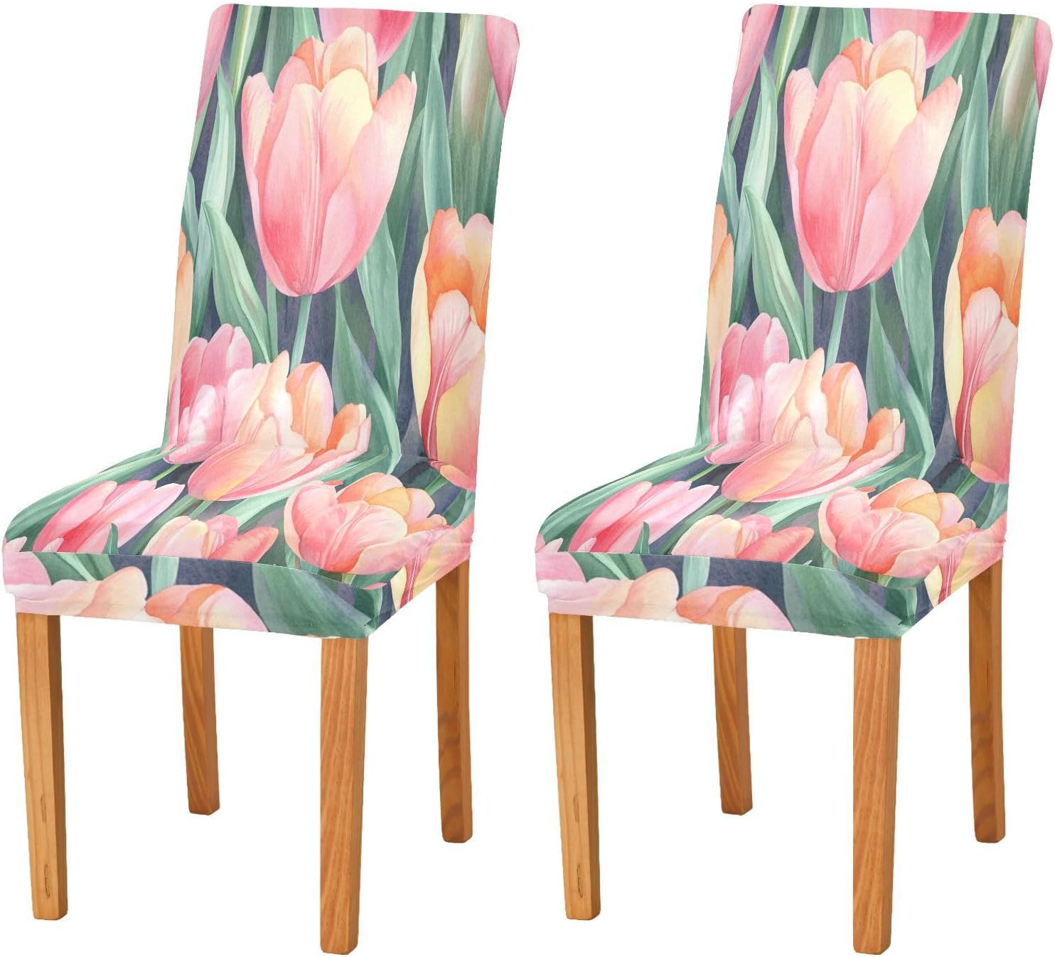 ALAZA Chair Covers for Dining Room, Spring Flowers Watercolor Pink Tulips Stretch Chair Cover Sets Chair Protector Removable Washable for Ktichen Restaurant Hotel