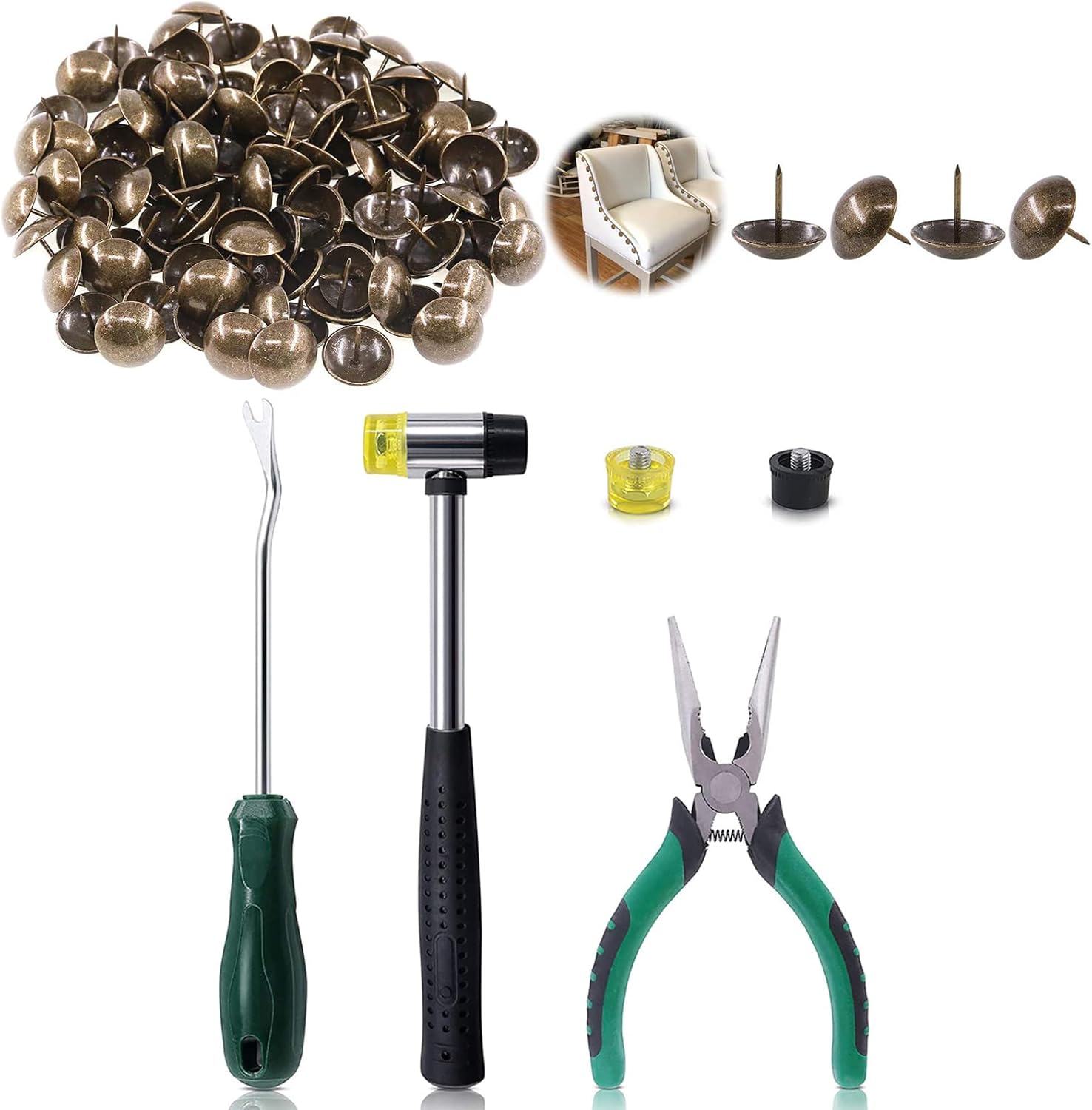 Keadic 105Pcs 1 inch Antique Upholstery Tacks Nails Pins Tools Set,Double-Faced Mallet with 2 Replacement Rubber Heads, Staple Lifter and Removal Pliers for DIY Projects - Bronze