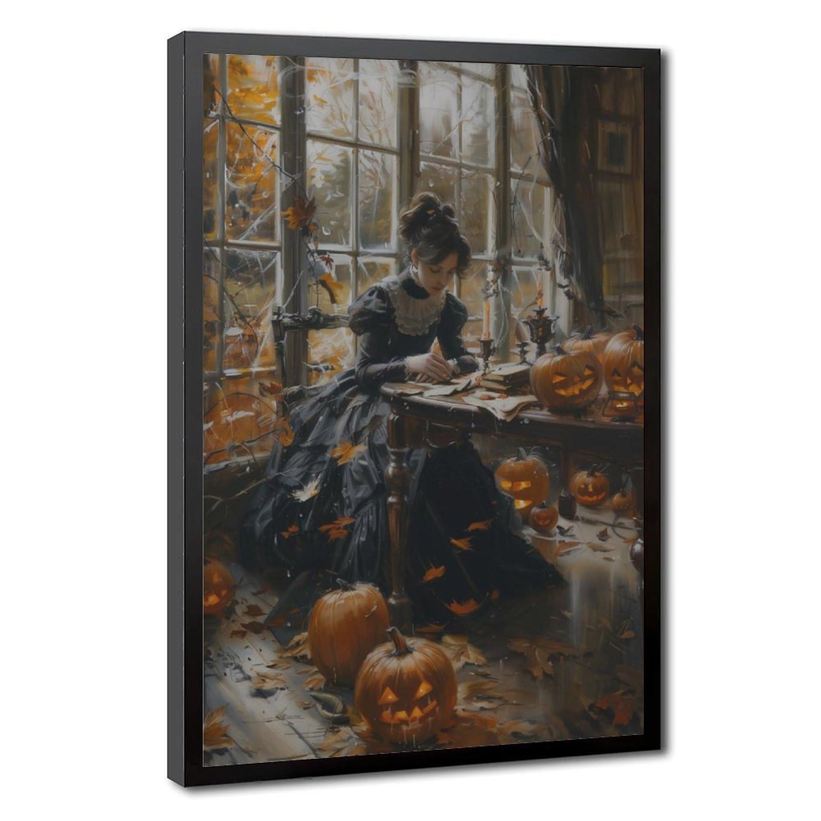Poster sur toile représentant une femme avec une lanterne citrouille - Décoration pour chambre à coucher, bureau, chambre - Cadeau - 40,6 x 61 cm (L x l)