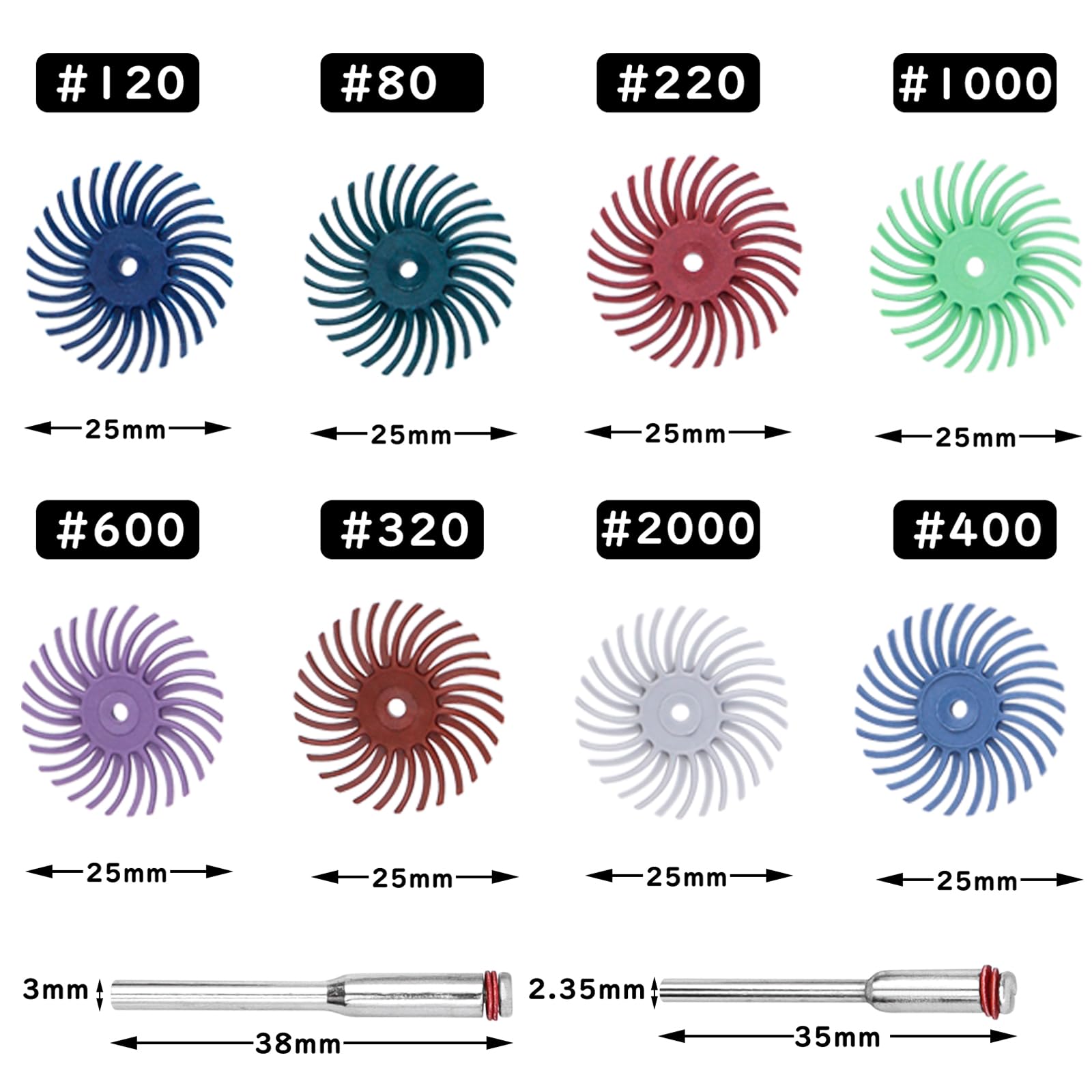 Lot de 50 disques à poils radiaux de 25 mm - 8 grains mélangés - 80/120/220/320/400/600/1000/2000 - Brosse de ponçage - Disque de polissage - Kit de polissage