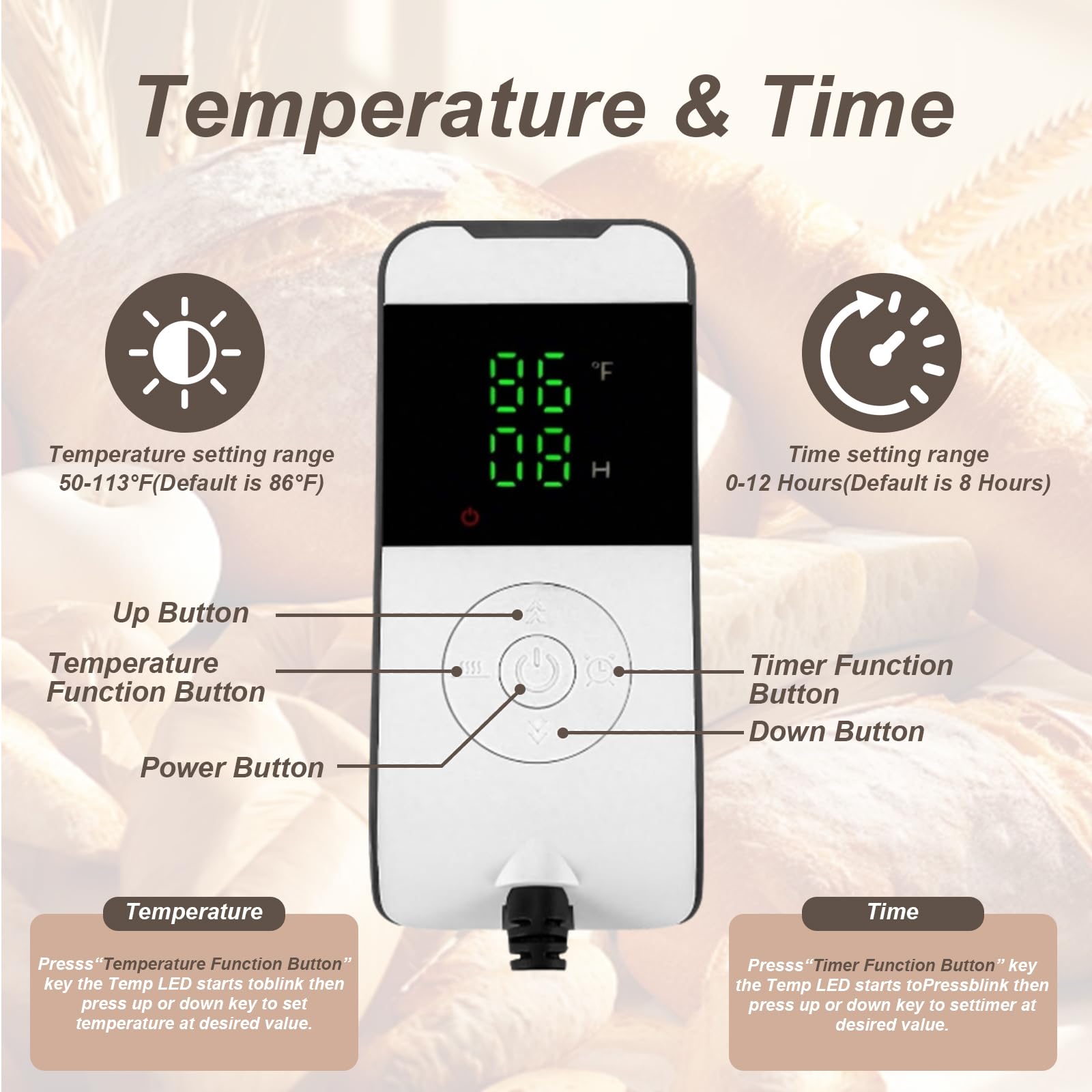 Calentador de Levadura Madre para Frascos de Masa Madre, Control de Temperatura Ajustable 5-45 °C, Temporizador 24H, 47 x 12.7 cm