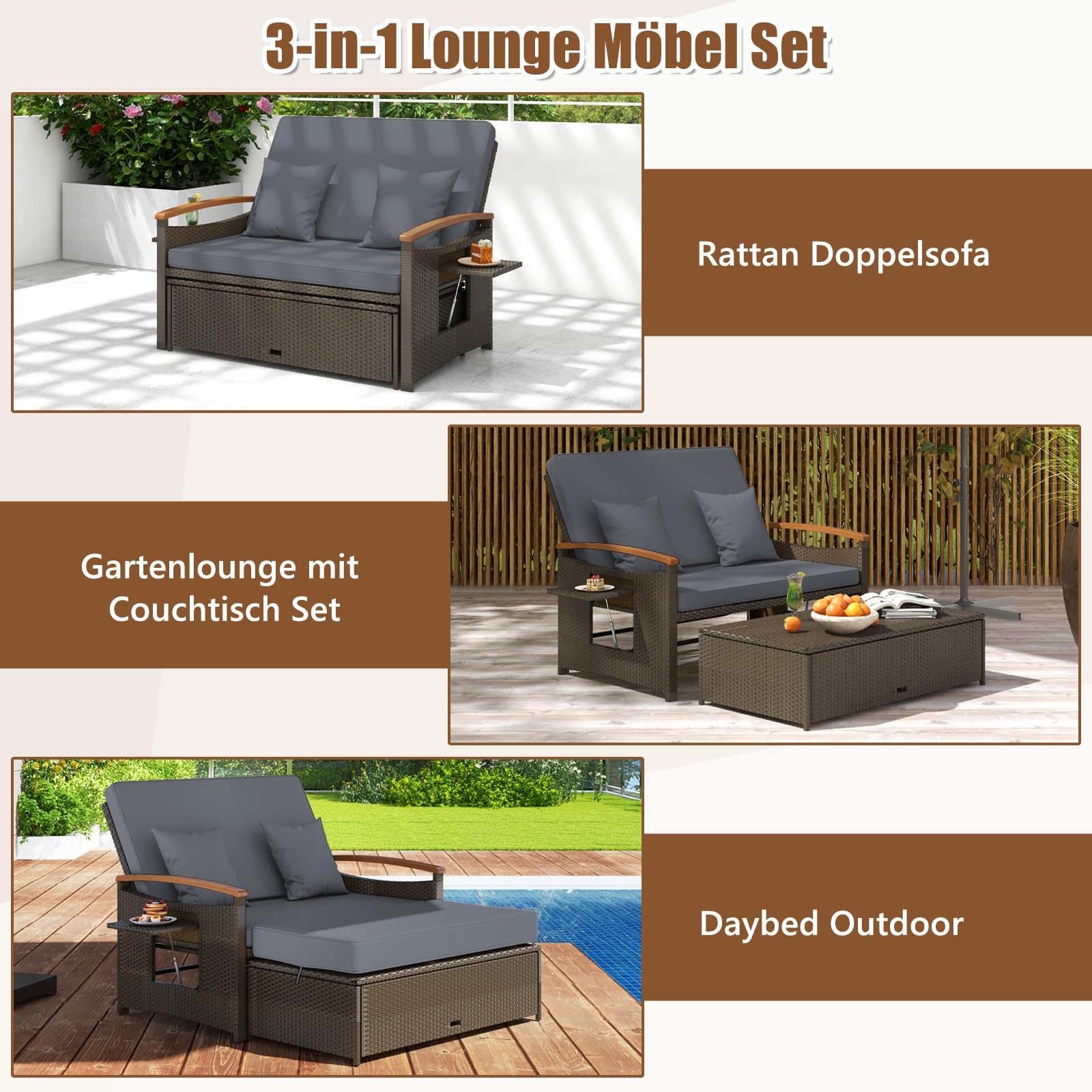GIANTEX Lounge Möbel Outdoor, Outdoor Sofa, Gartensofa mit Liegefunktion, Garten Doppelliege Gartenliege 2 Personen, Gartenlounge Rattan, Balkon Lounge Sofa, Daybed Garten, Balkonsofa Kleiner Balkon
