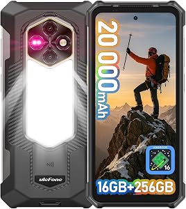 Ulefone RugKing 5 Pro Rugged Smartphone Android 16, 20000mAh, 256GB/2TB TF, 64MP+20MP Night Vision, 6.78" FHD+ Corning Glass, 3-Card Slot, Super Torch 4G Cell Phones Unlocked, Camping Light, NFC