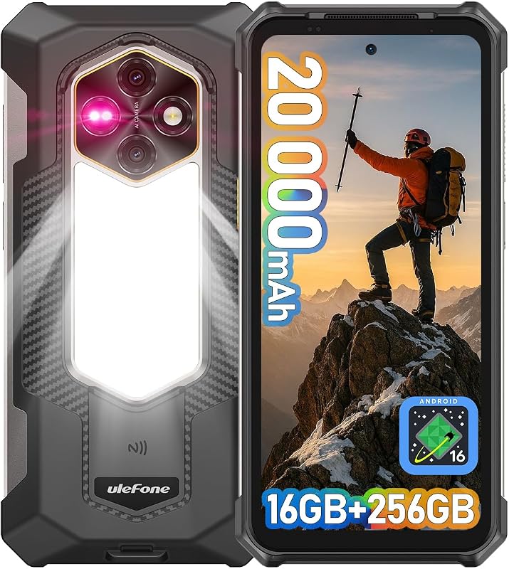 Ulefone RugKing 5 Pro Rugged Smartphone Android 16, 20000mAh(33W), 16GB(8+8)+256GB, 64MP+20MP Night Vision, 6.78" FHD+ Corning Gorilla Glass, IP69K Waterproof Phone, Versatile LED Light, Widevine L1 | Long-Lasting
